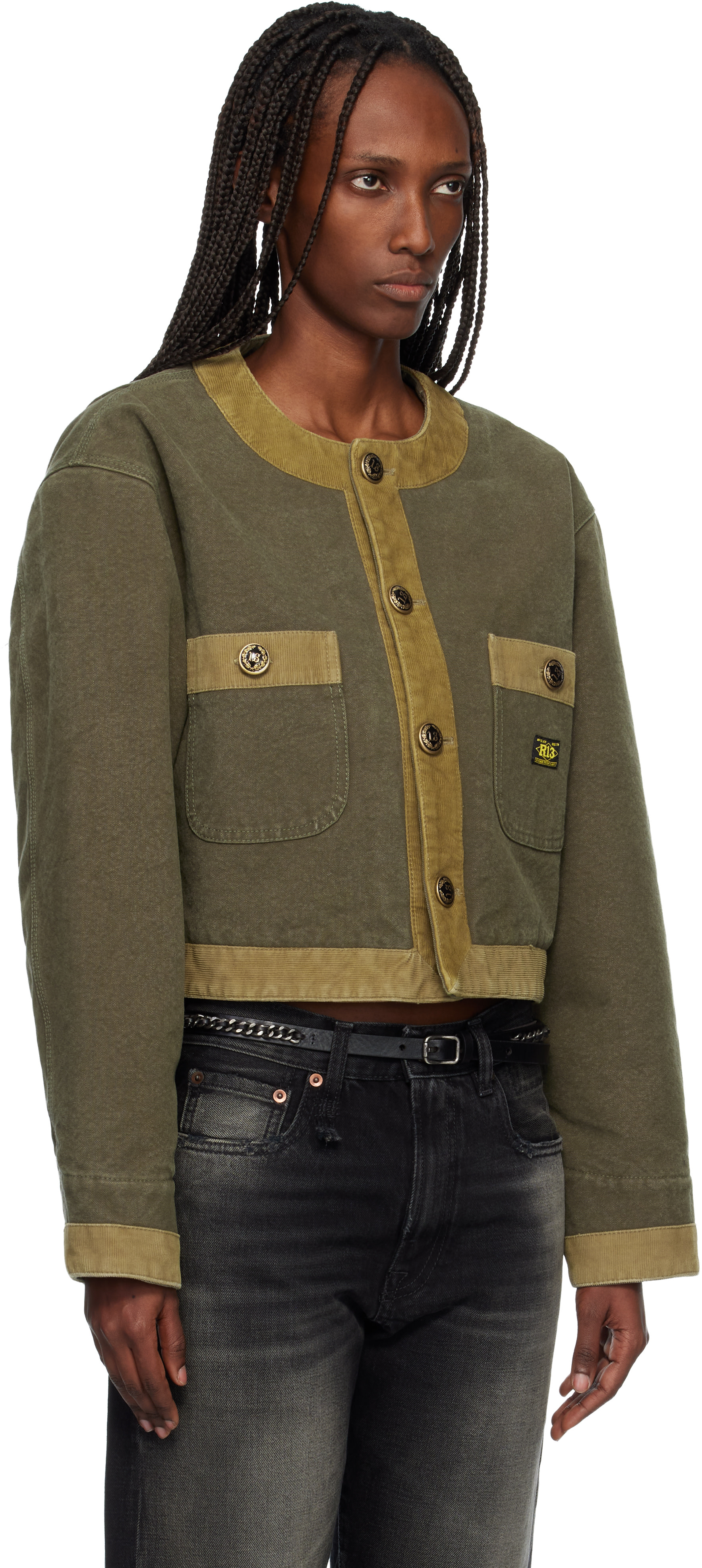 R13: Khaki Cord Trimmed Cropped Chore Jacket | SSENSE