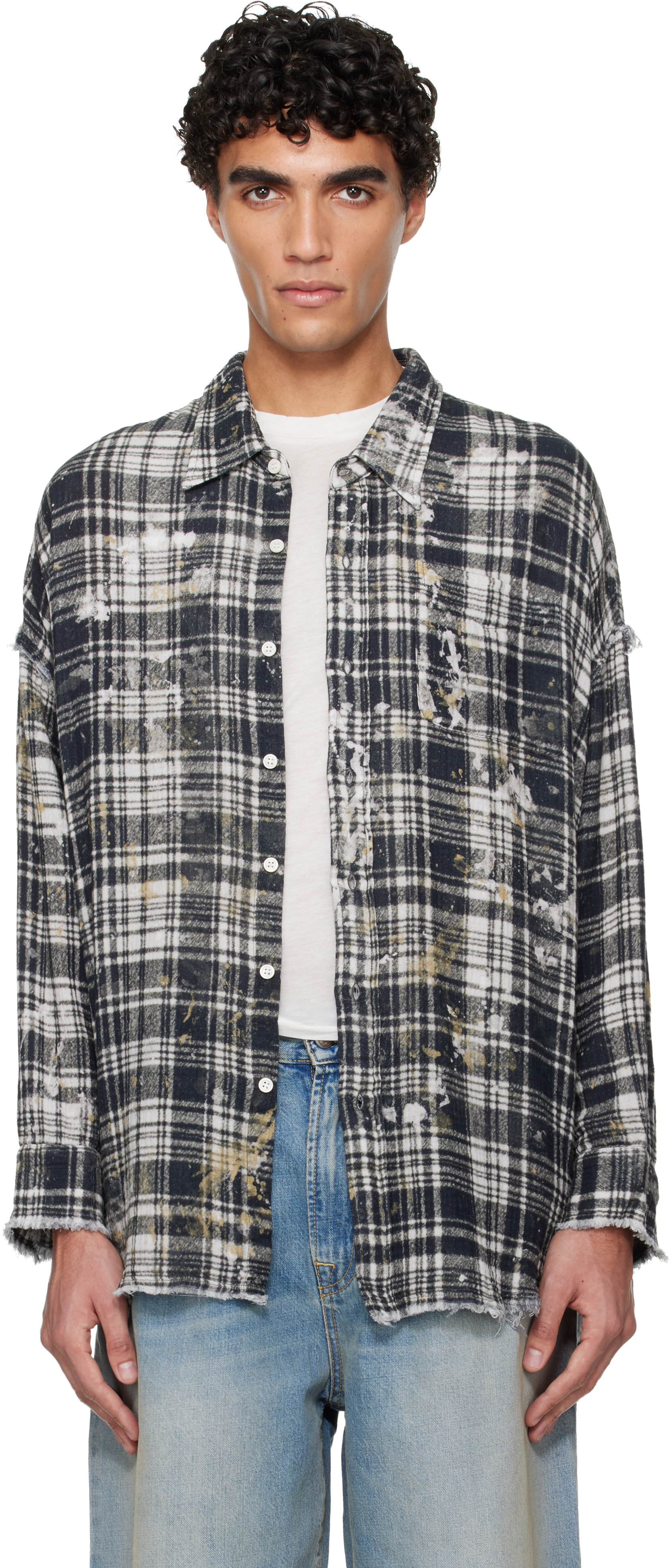 R13: Black Shredded Seam Drop Neck Shirt | SSENSE