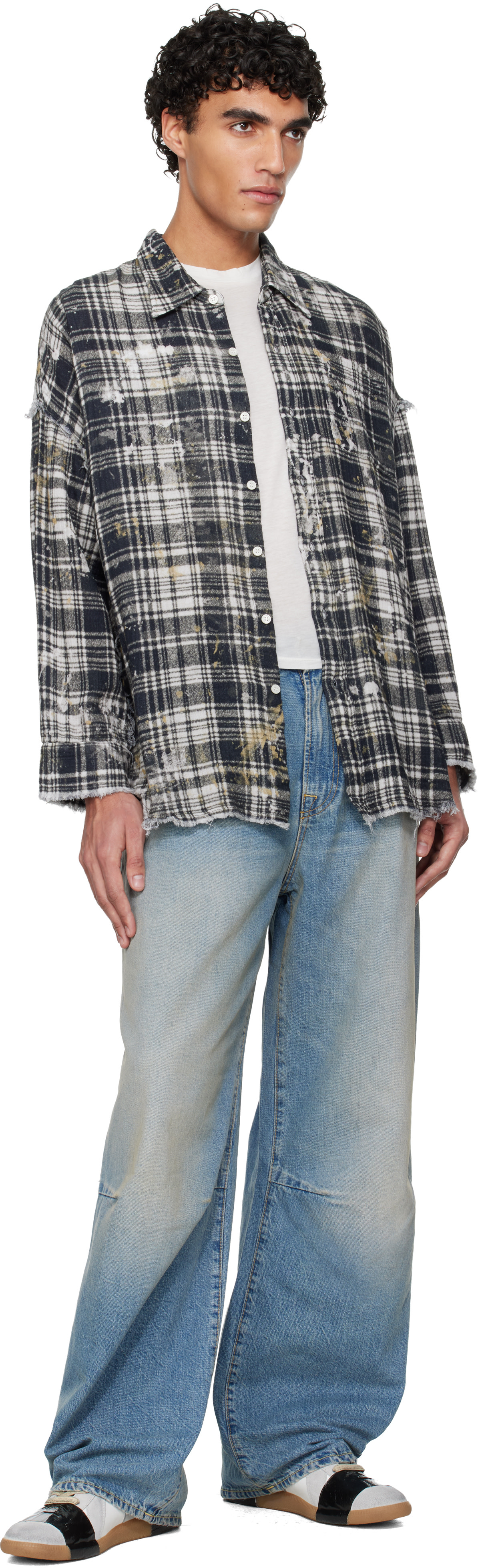 R13: Black Shredded Seam Drop Neck Shirt | SSENSE