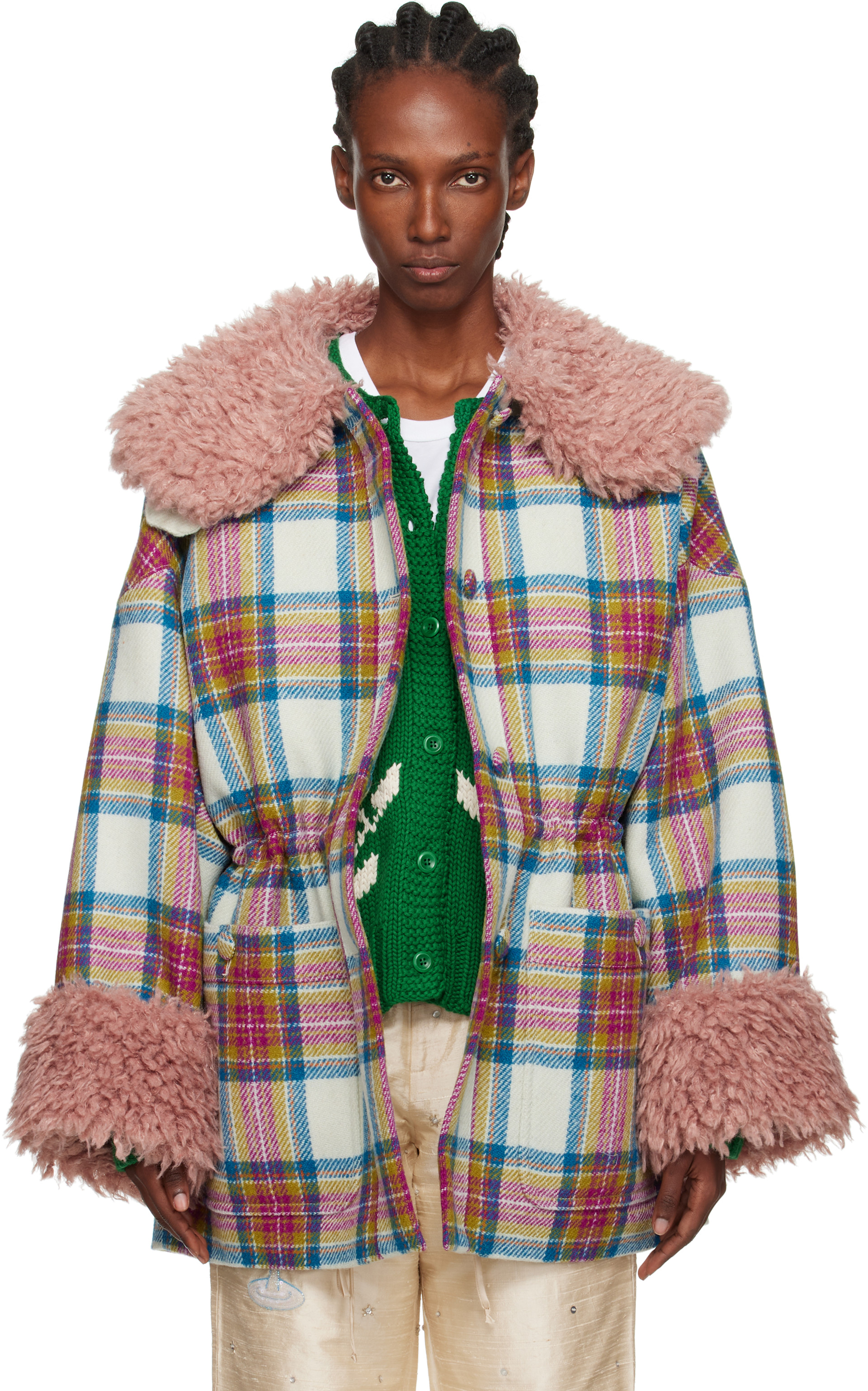 Caro Editions: White & Pink Harris Tweed Connie Coat | SSENSE