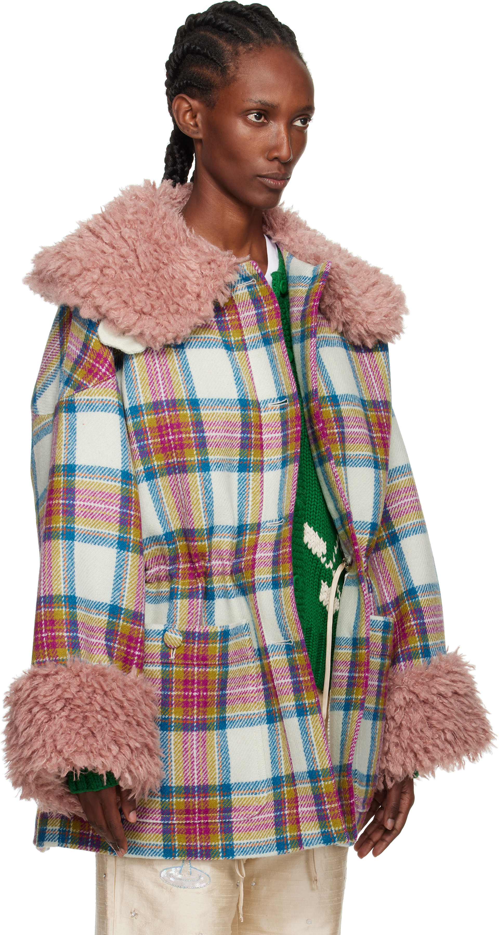 Caro Editions: White & Pink Harris Tweed Connie Coat | SSENSE