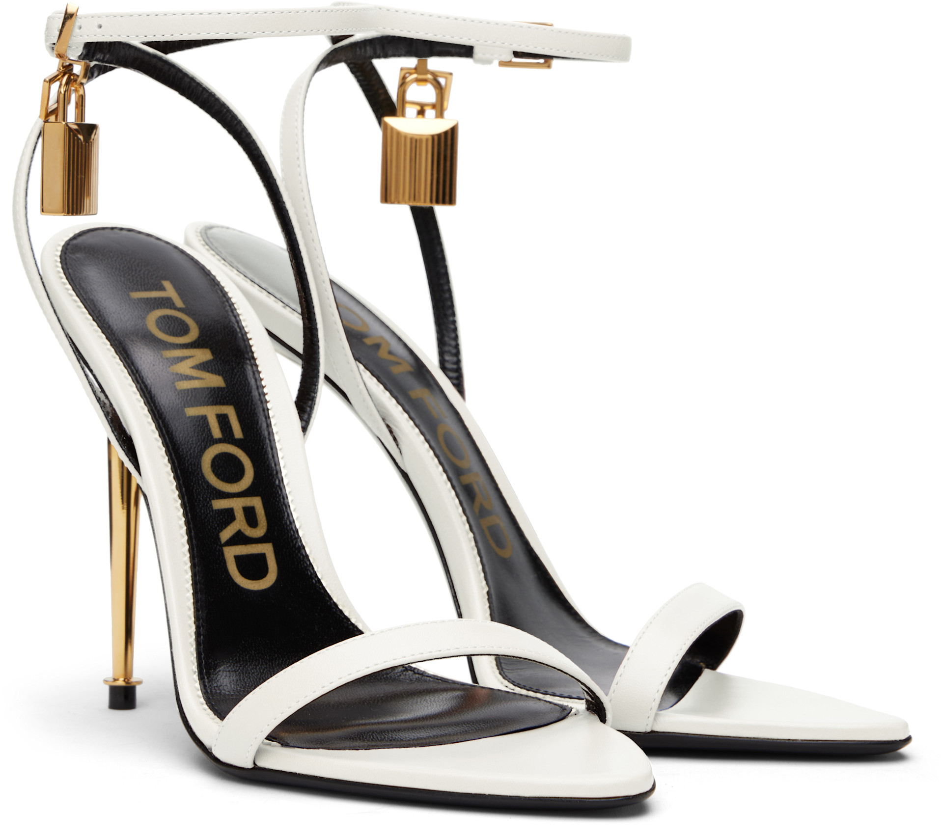 TOM FORD: Off-White Shiny Padlock Pointy Naked Heeled Sandals | SSENSE