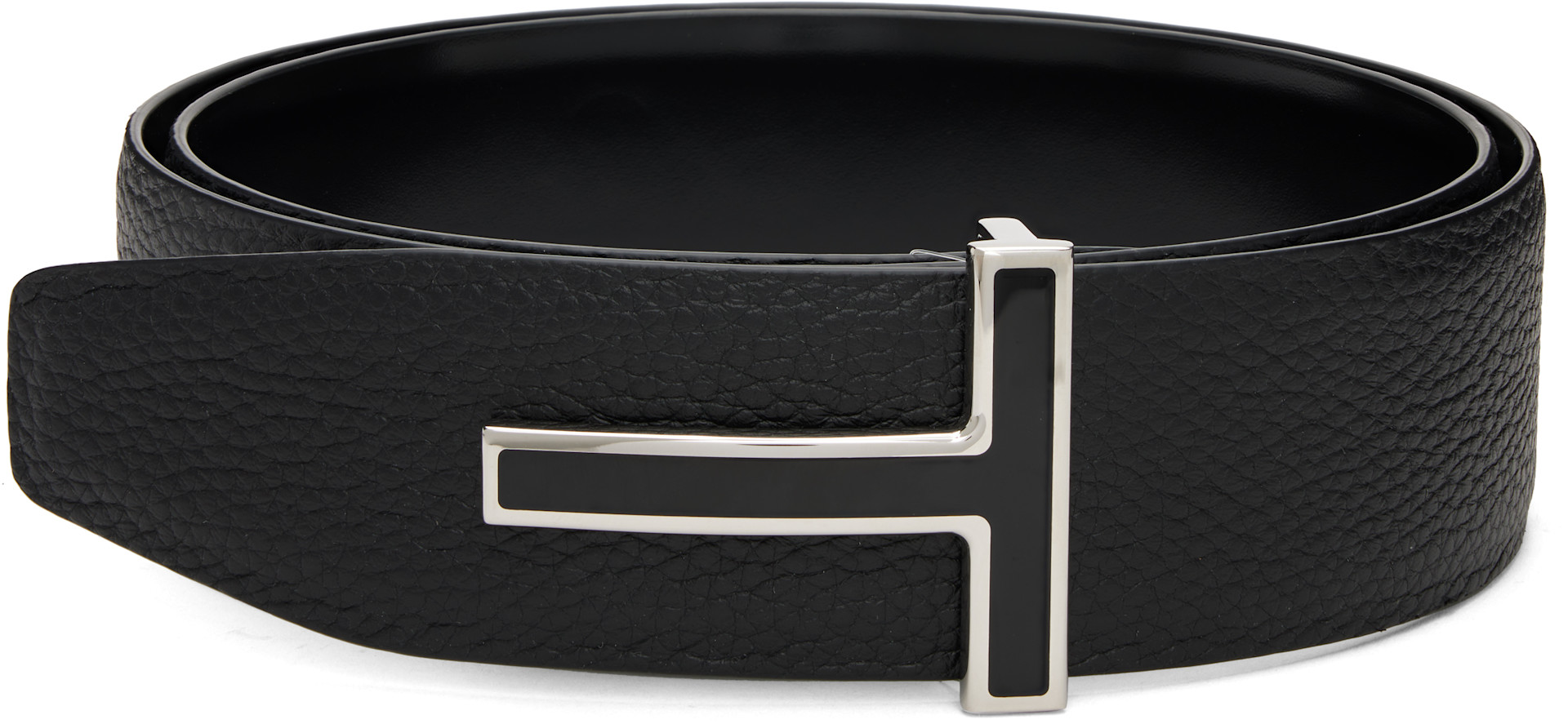 【tom】レザーバンド TOM FORD: ブラック Enamel Buckle T リバーシブル レザーベルト