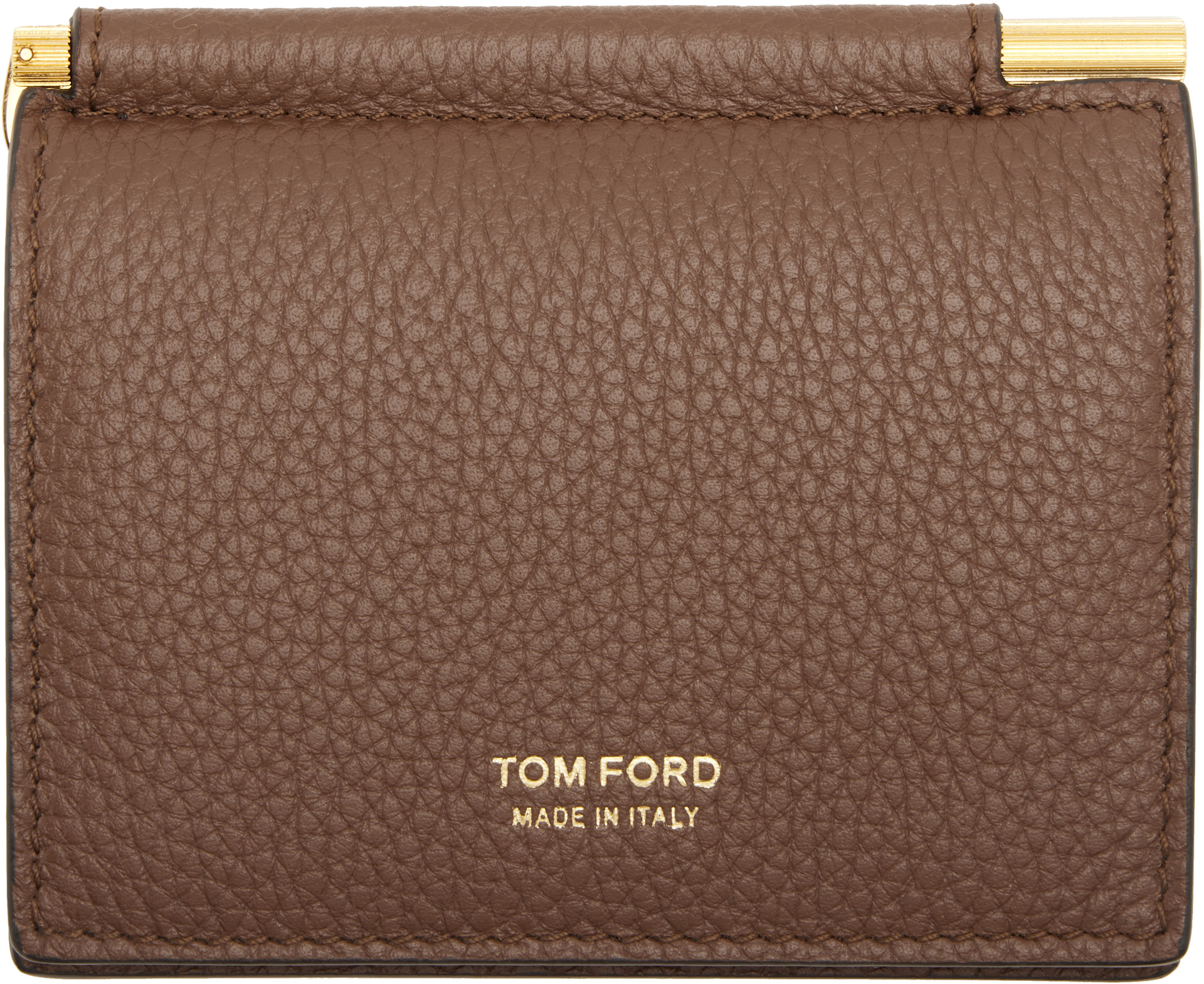 TOM FORD マネークリップ ブラウン TOM FORD: Brown Soft Grain Leather Bifold Money Clip Card Holder