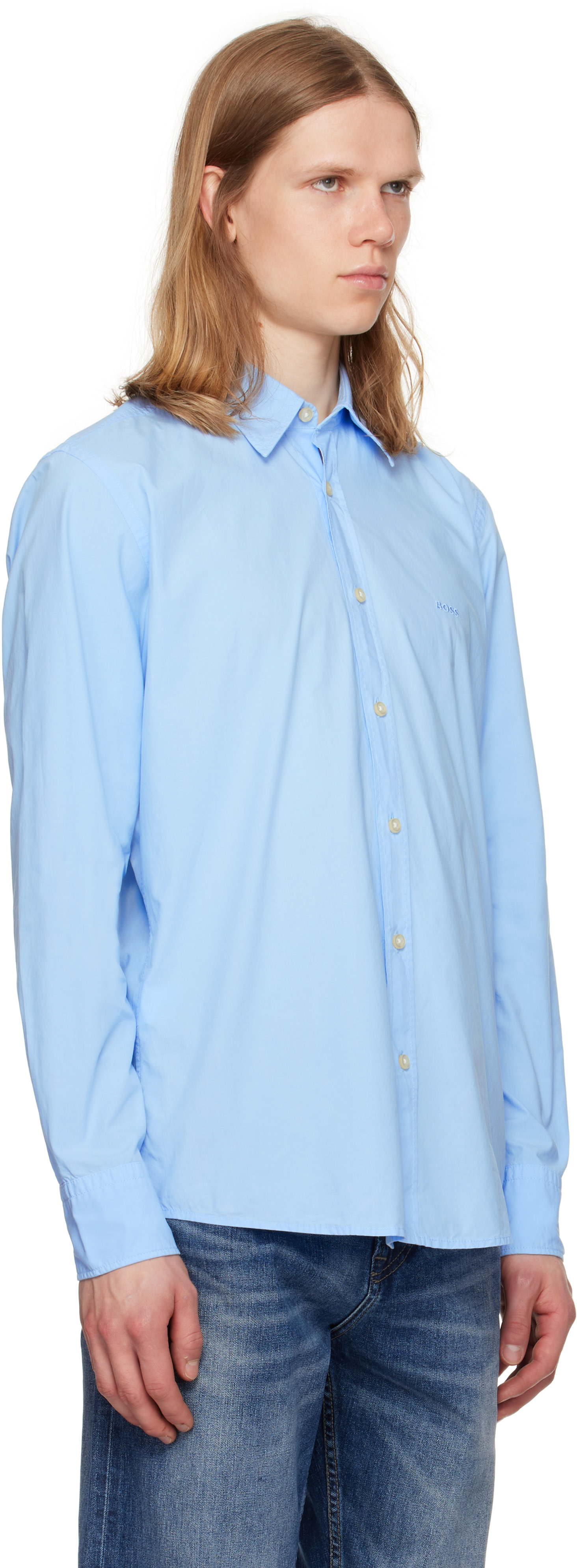 BOSS: Blue Regular-Fit Cotton Poplin Shirt | SSENSE