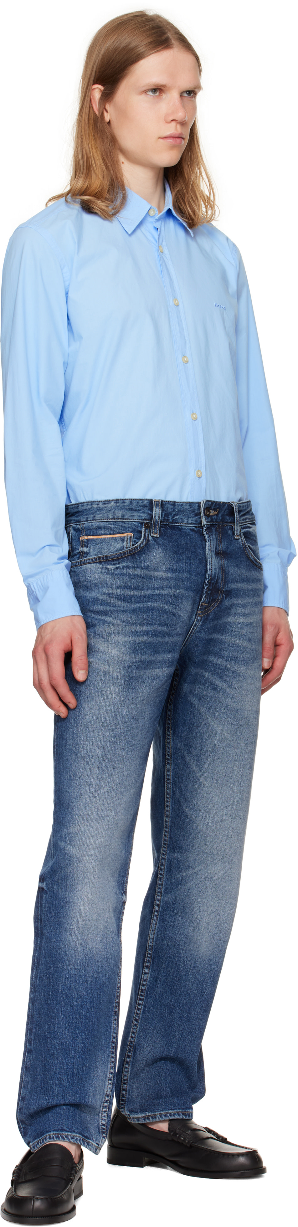 BOSS: Blue Regular-Fit Cotton Poplin Shirt | SSENSE