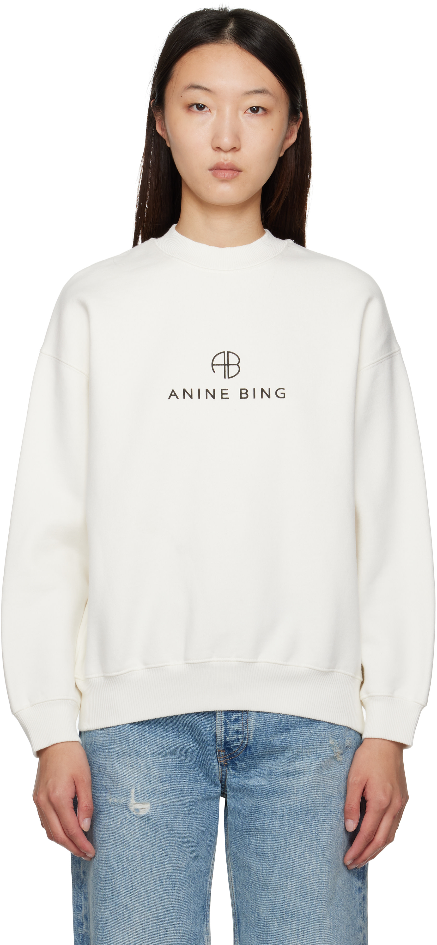 ANINE BING - Pull molletonné Jaci blanc cassé à monogramme