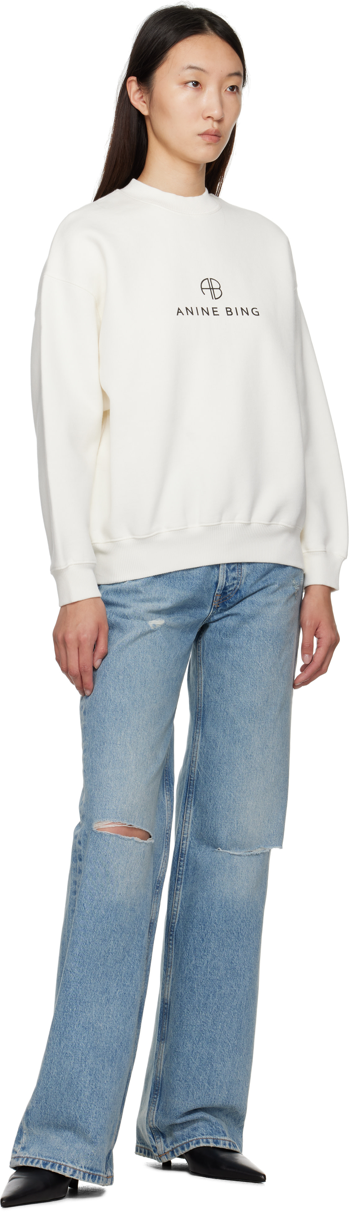 ANINE BING - Pull molletonné Jaci blanc cassé à monogramme