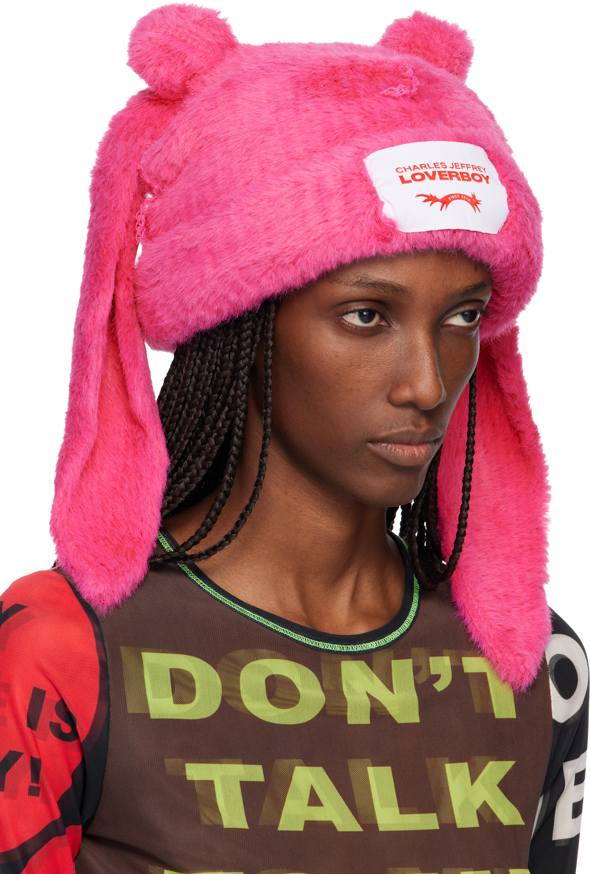 CHARLES JEFFERY LOVERBOY ビーニー Charles Jeffrey LOVERBOY: Pink Fluffy Chunky Rabbit Beanie | SSENSE