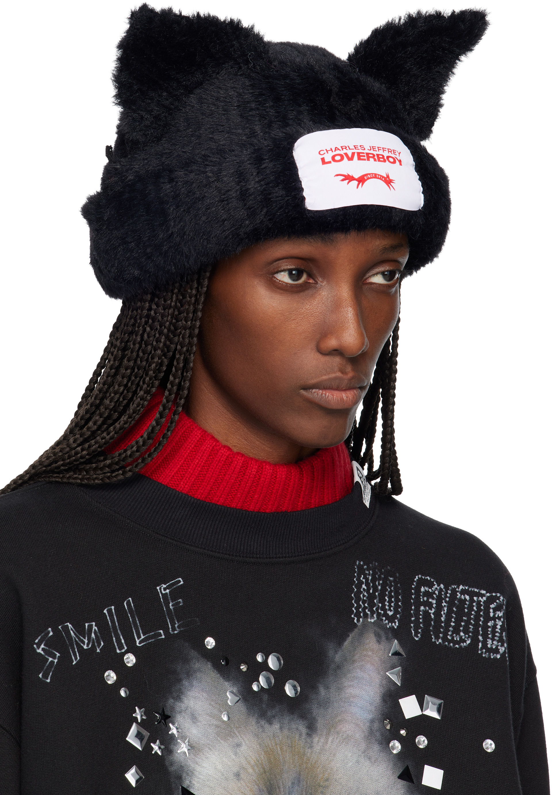 帽子 CHARLES JEFFREY LOVERBOY Beanie Charles Jeffrey LOVERBOY: Black Fluffy Chunky Ears Beanie | SSENSE