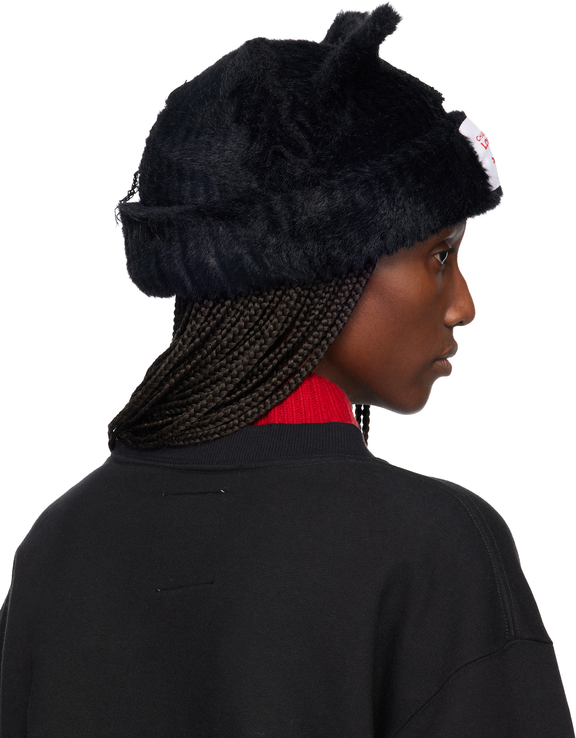 帽子 CHARLES JEFFREY LOVERBOY Beanie Charles Jeffrey LOVERBOY: Black Fluffy Chunky Ears Beanie | SSENSE