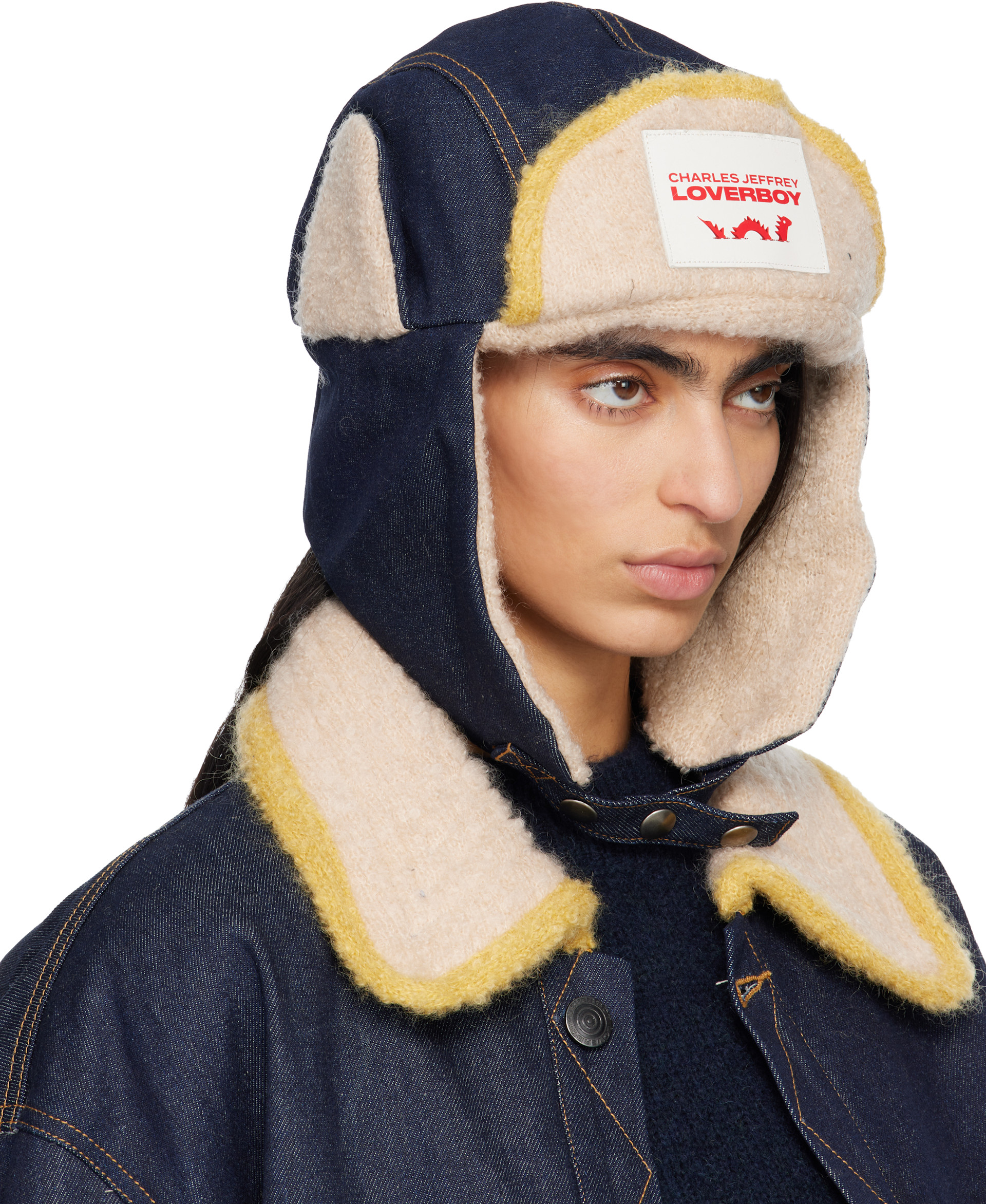 Charles Jeffrey LOVERBOY: Navy & Beige Knit Patch Trapper Hat
