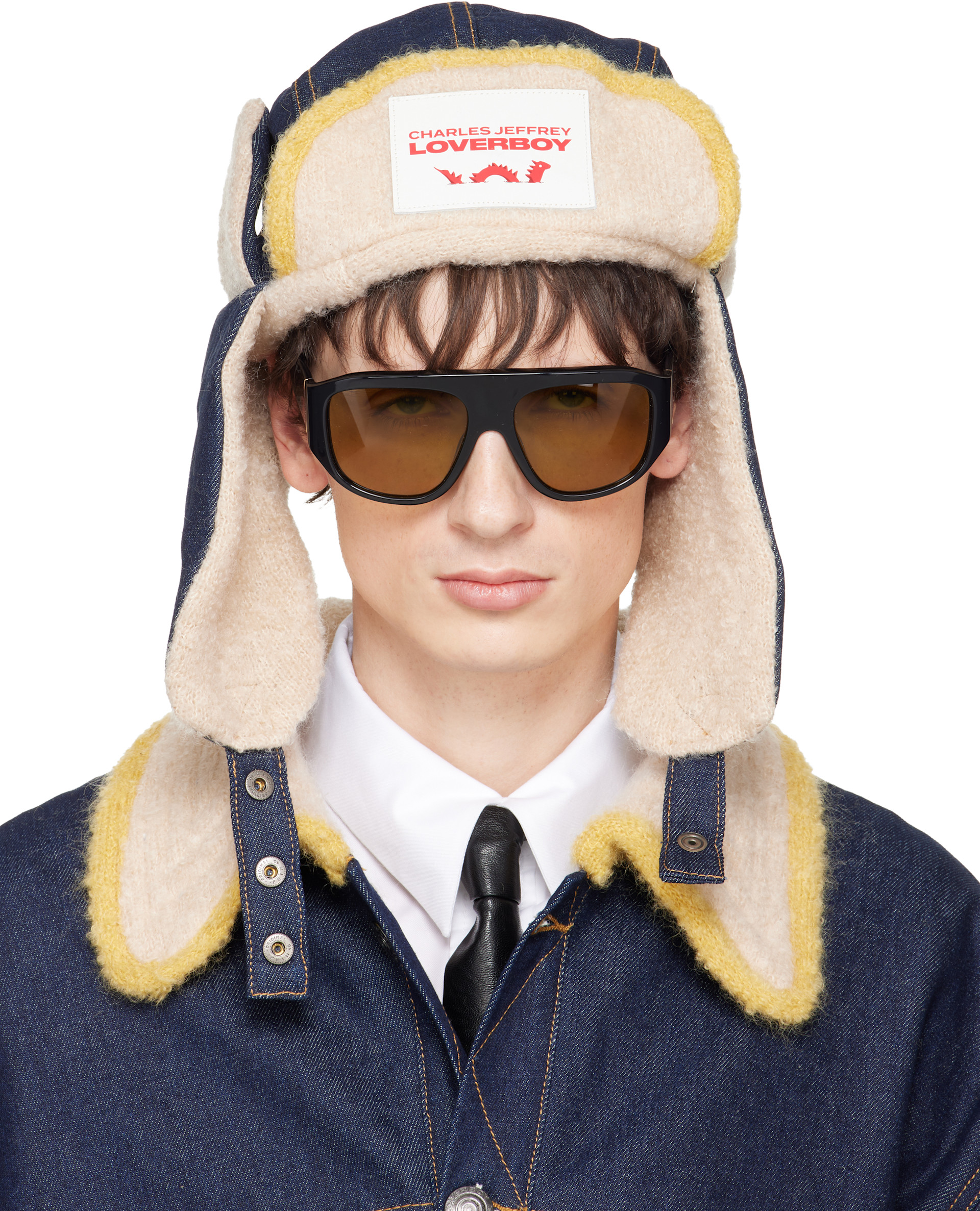 Charles Jeffrey LOVERBOY: Navy & Beige Knit Patch Trapper Hat | SSENSE