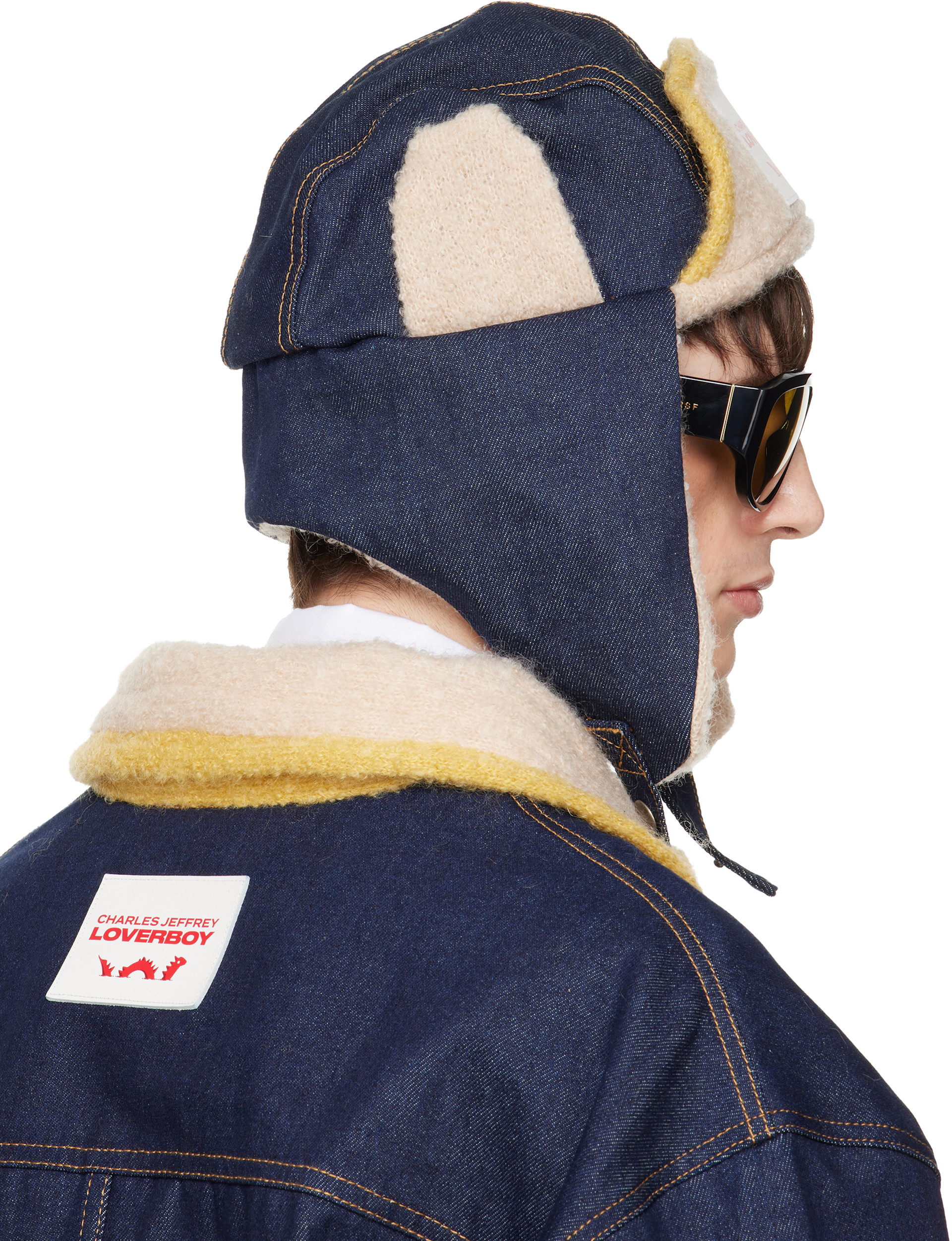 Charles Jeffrey LOVERBOY: Navy & Beige Knit Patch Trapper Hat | SSENSE