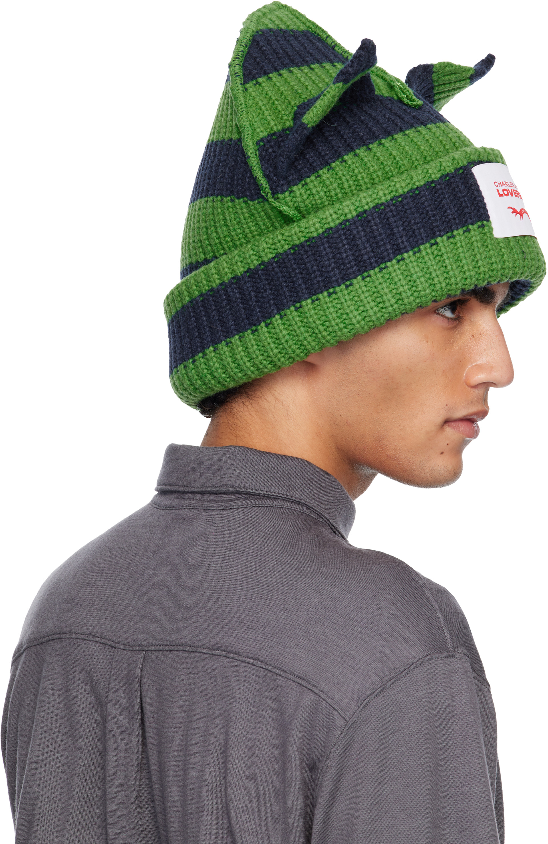 loverboy スタッツベレー帽 グリーン Charles Jeffrey LOVERBOY: Green & Navy Supersized Chunky Ears