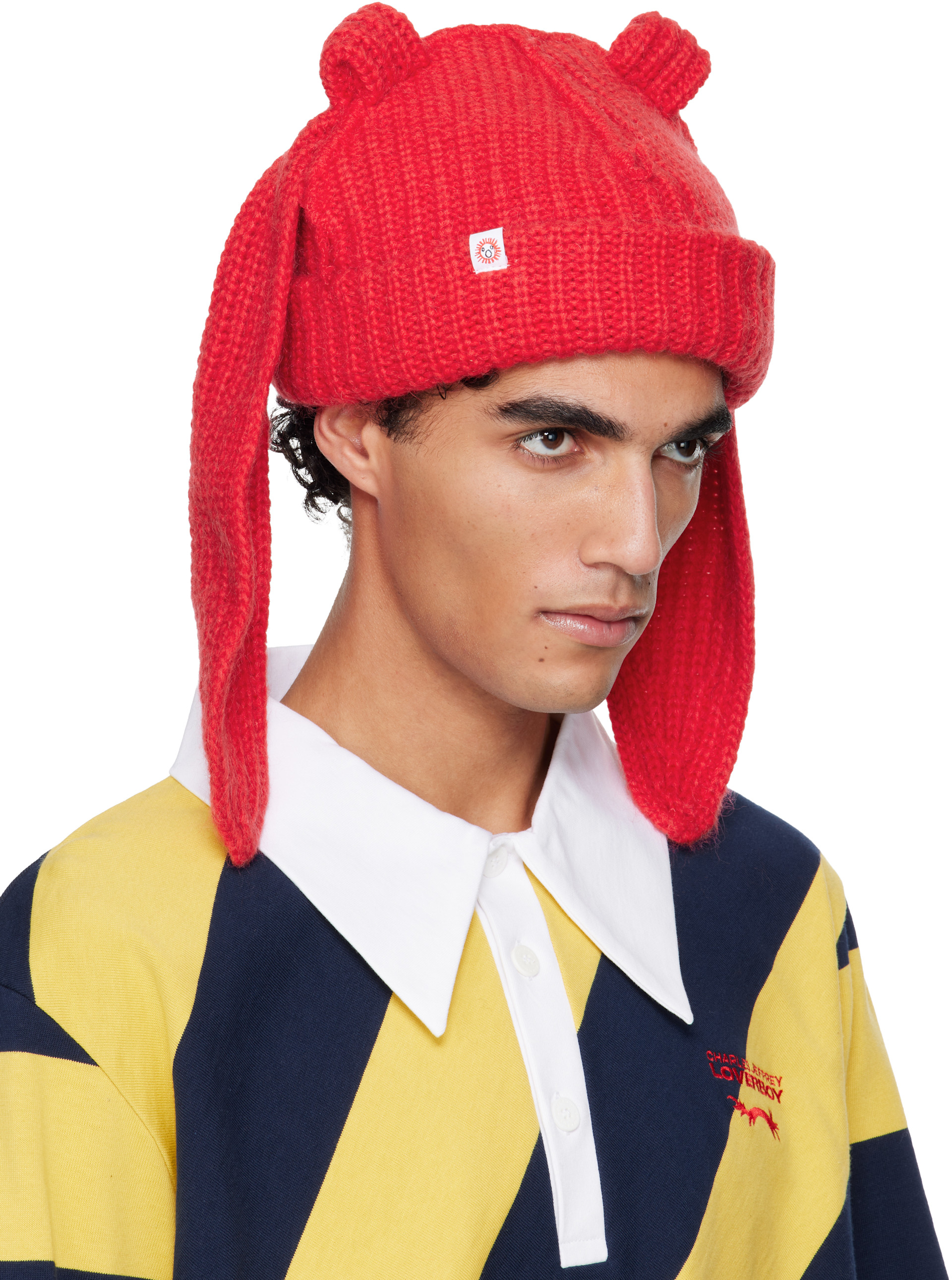 Charles Jeffrey LOVERBOY: Red Mohair Chunky Rabbit Beanie | SSENSE