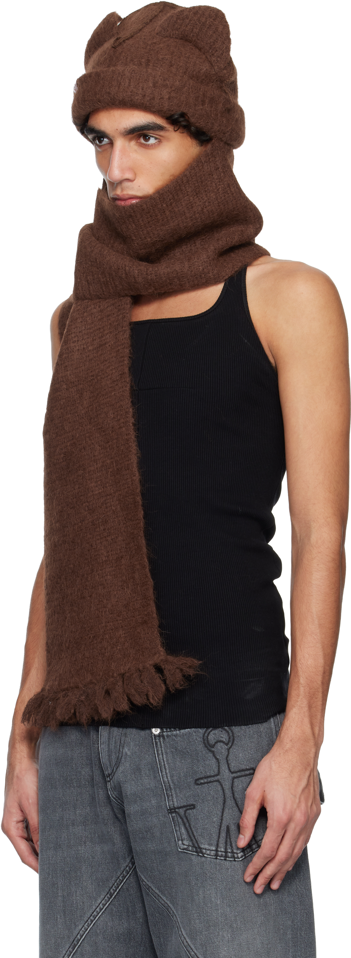 Charles Jeffrey LOVERBOY: Brown Alpaca Chunky Ears Scarf Beanie