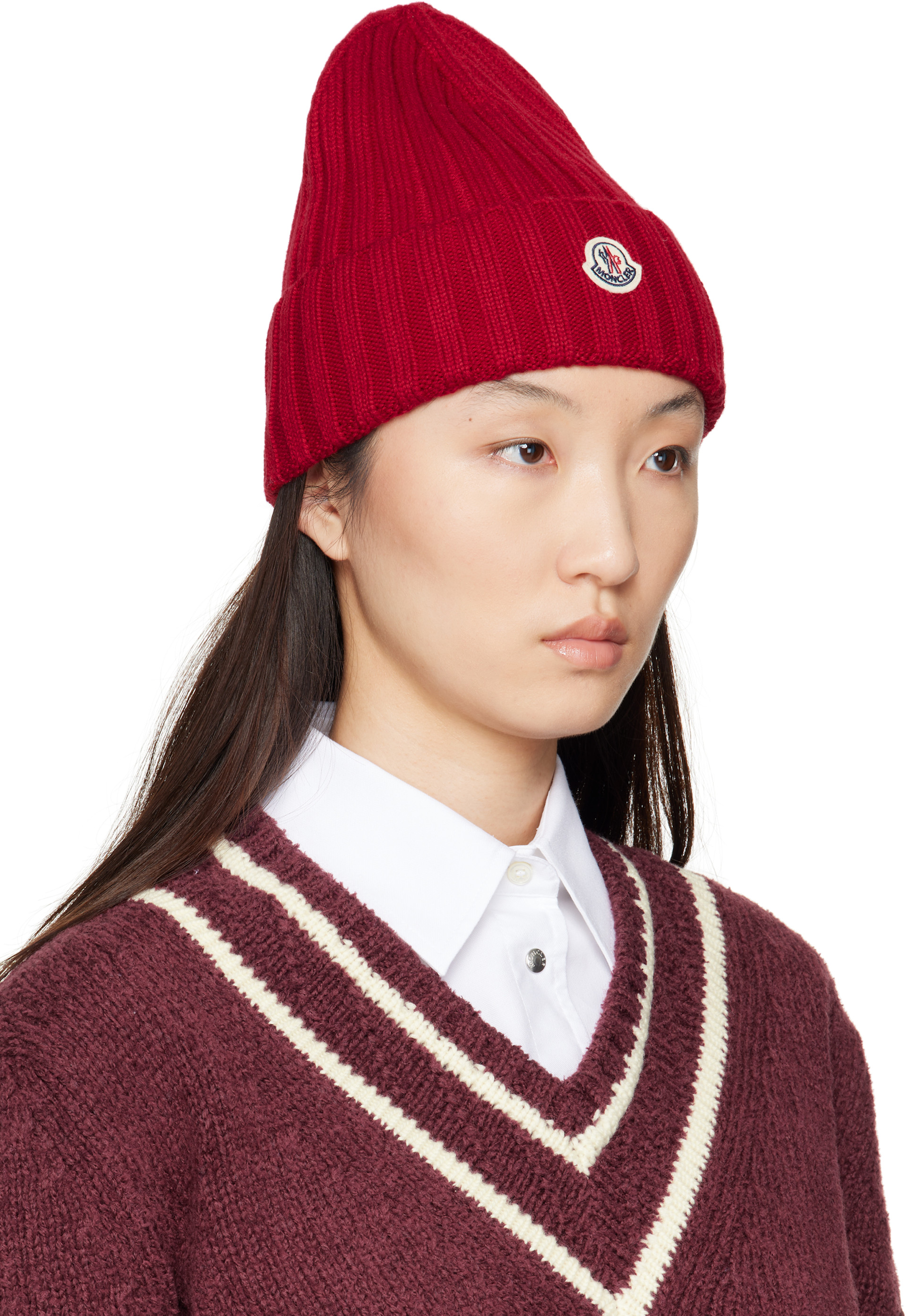 モンクレール ニット帽 ビーニー ケーブル網み ロゴワッペン 赤　レッド　即発送 Moncler: レッド ウール ビーニー | SSENSE 日本
