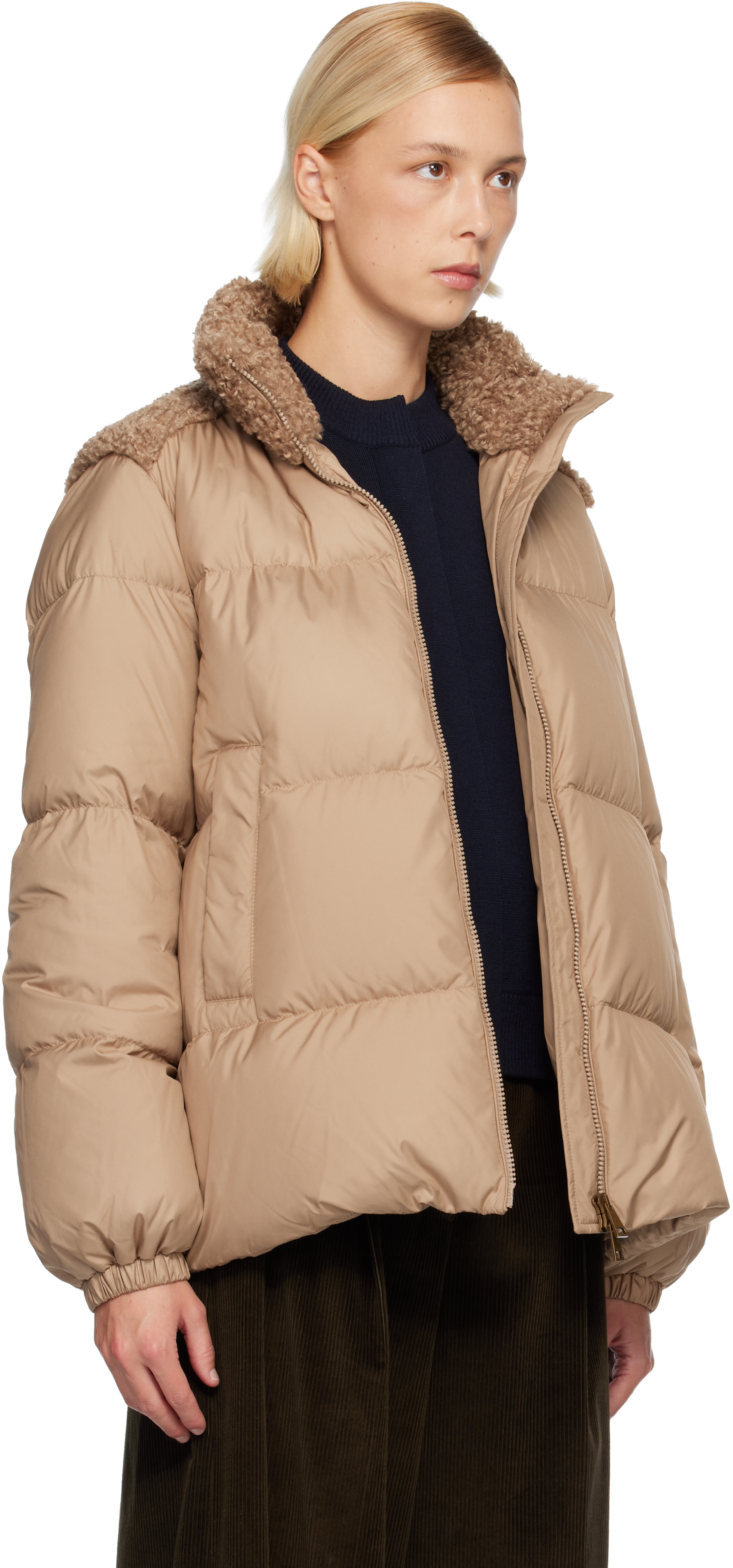 Moncler: ベージュ Esnaie Teddy-Trimmed ショート ダウンジャケット