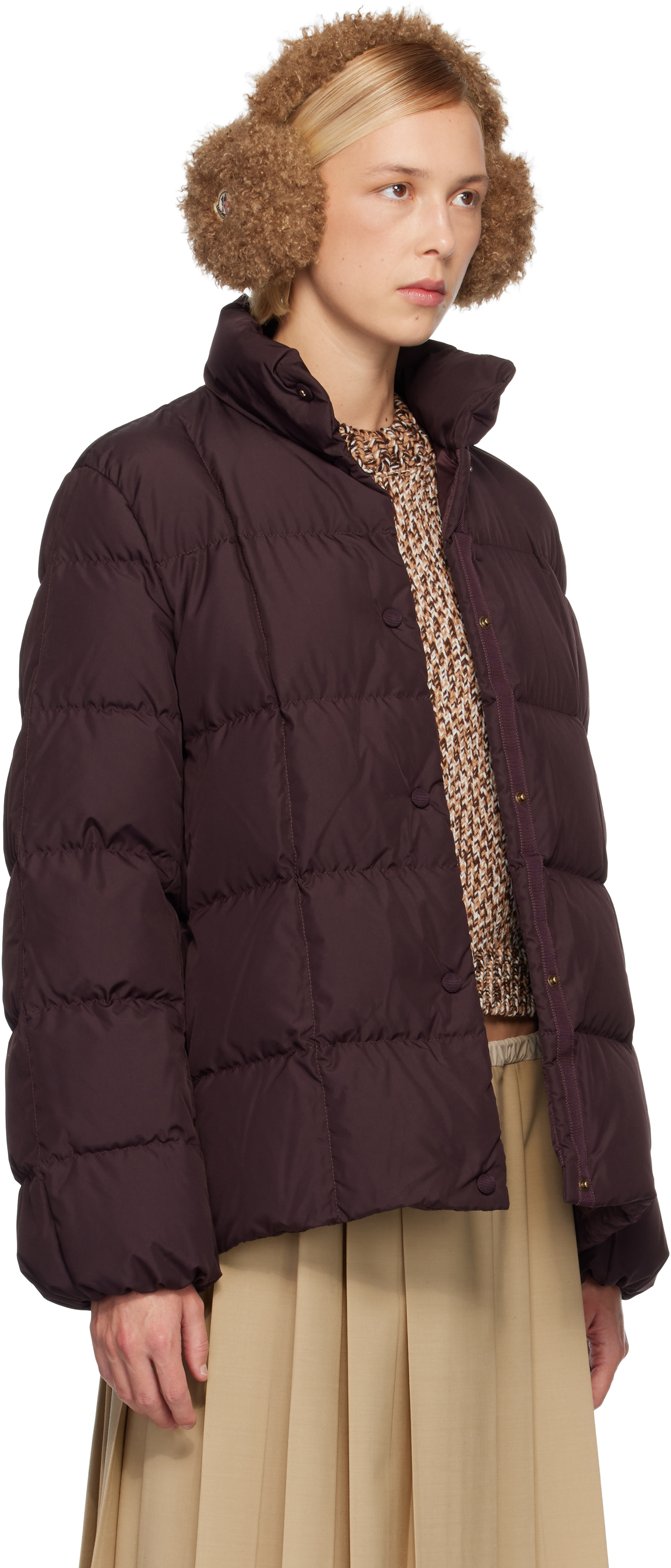 Moncler: Burgundy Cochevinne Square-Quilted Short Down Jacket | SSENSE