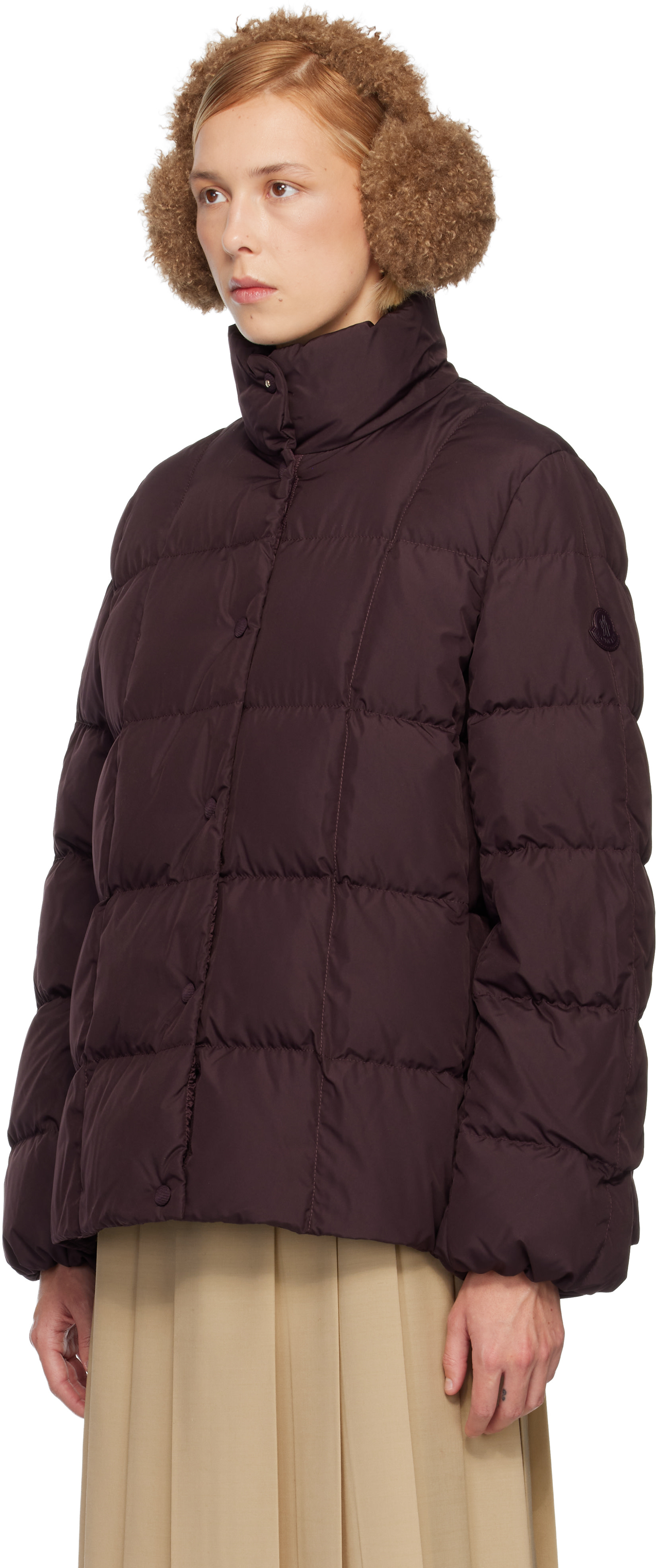 MONCLER バーガンディ ダウンジャケット Moncler: Burgundy Cochevinne Square-Quilted Short Down Jacket | SSENSE
