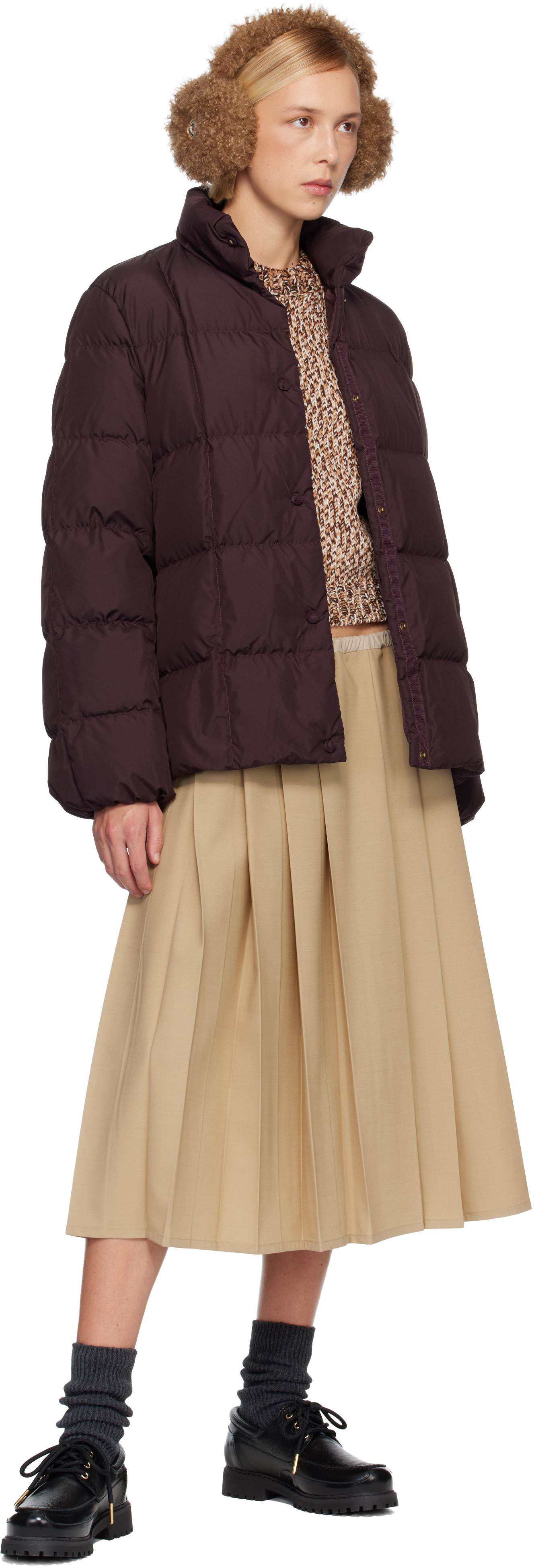 MONCLER バーガンディ ダウンジャケット Moncler: バーガンディ Cochevinne Square-Quilted ショート ダウン