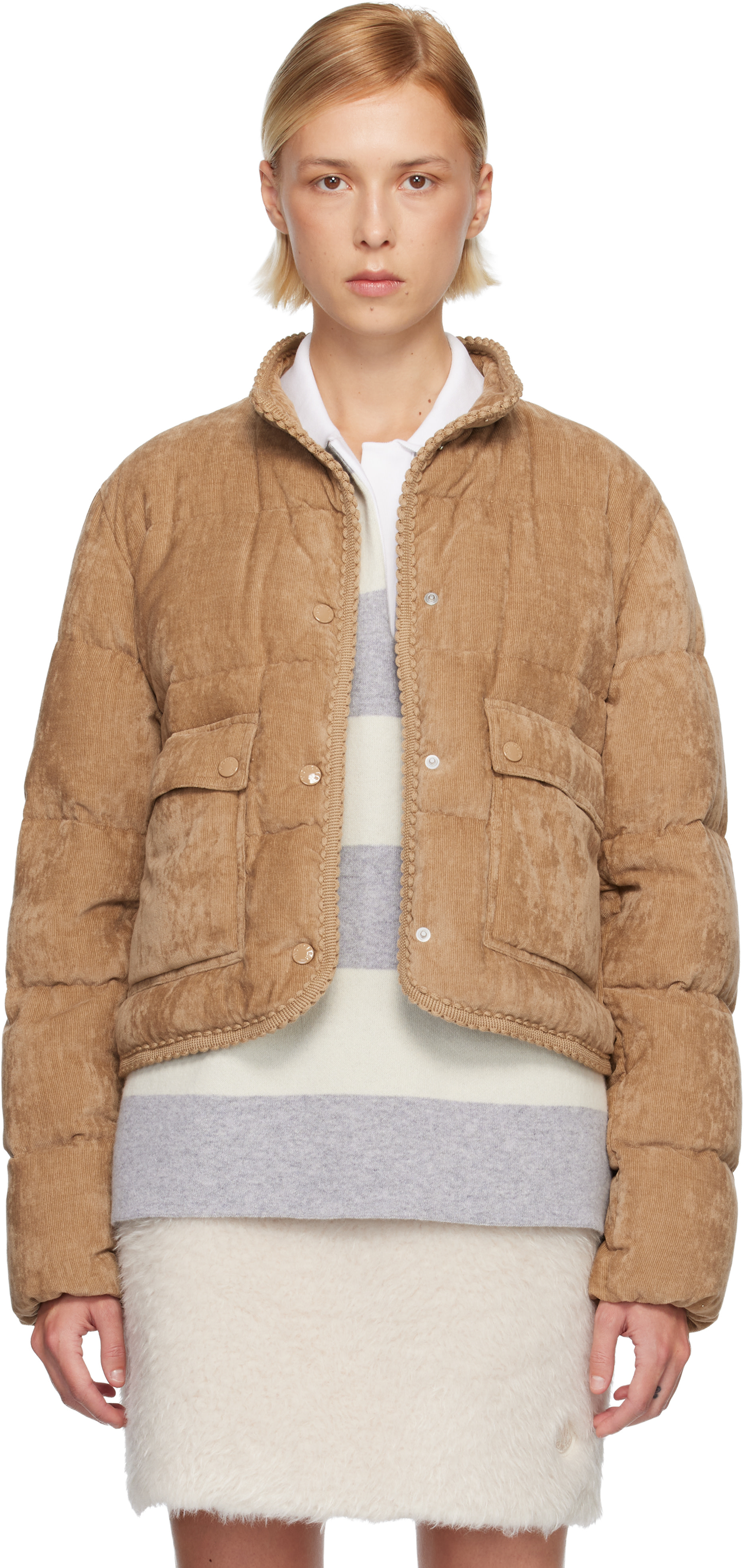 Moncler: Tan Essarts Braided Trim Corduroy Short Down Jacket | SSENSE