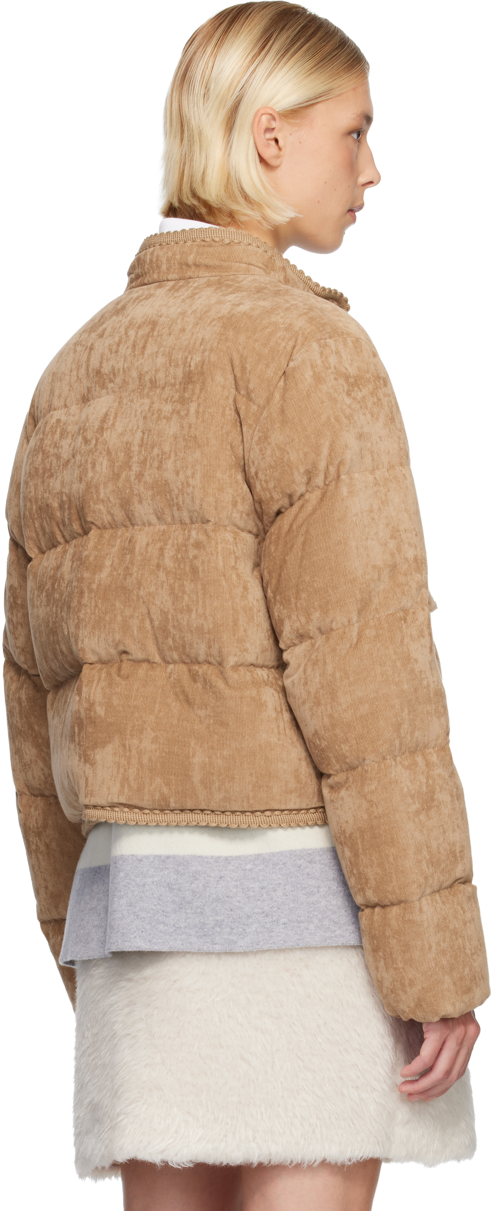 Moncler: Tan Essarts Braided Trim Corduroy Short Down Jacket | SSENSE