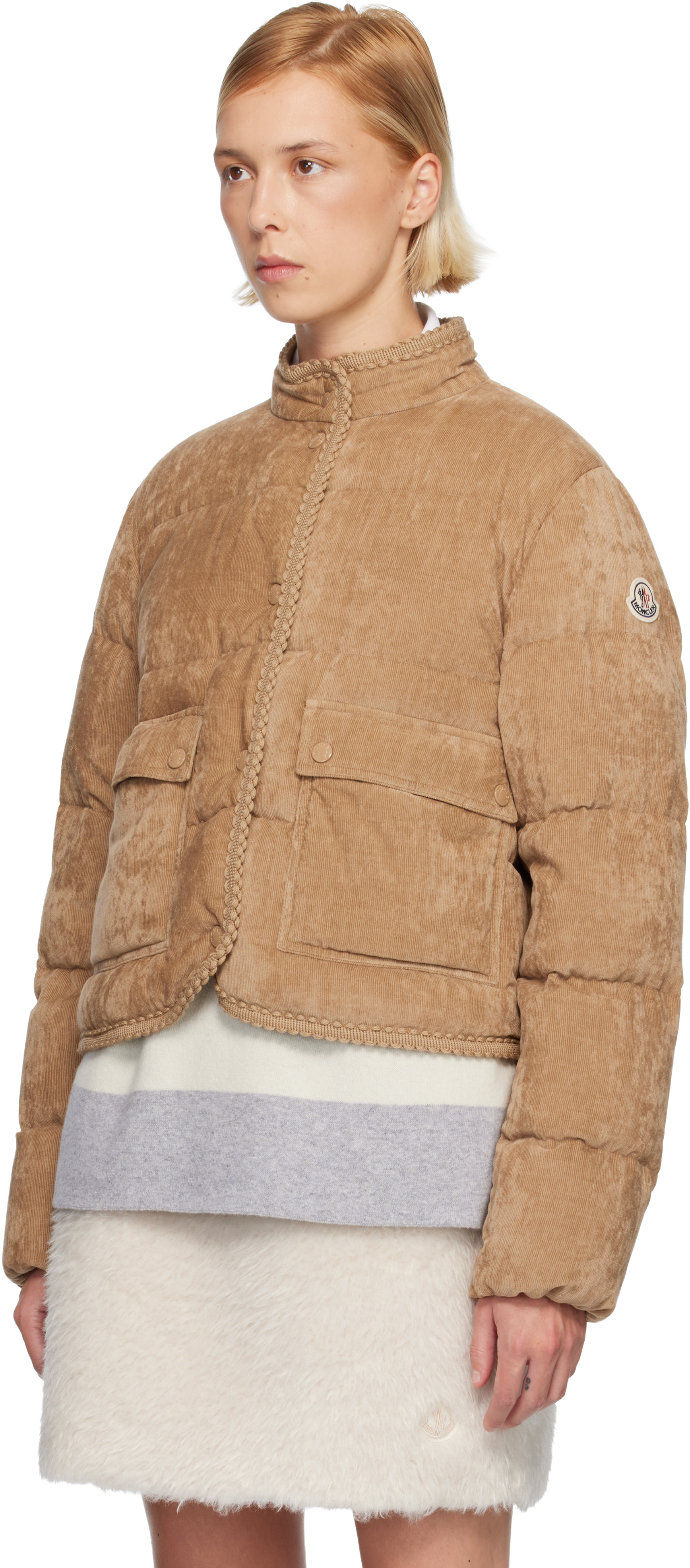 Moncler: Tan Essarts Braided Trim Corduroy Short Down Jacket | SSENSE