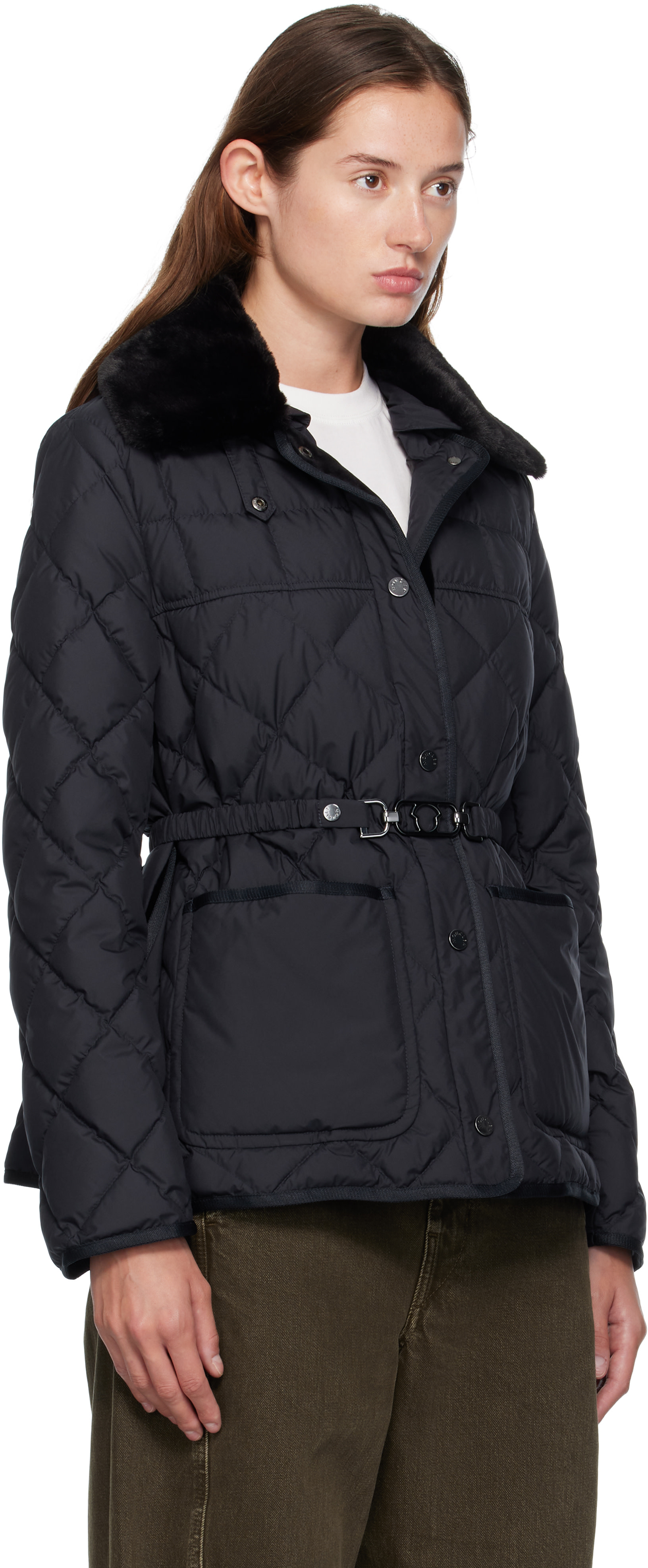 Moncler: Navy Cygne Faux Fur-Trimmed Short Down Jacket | SSENSE
