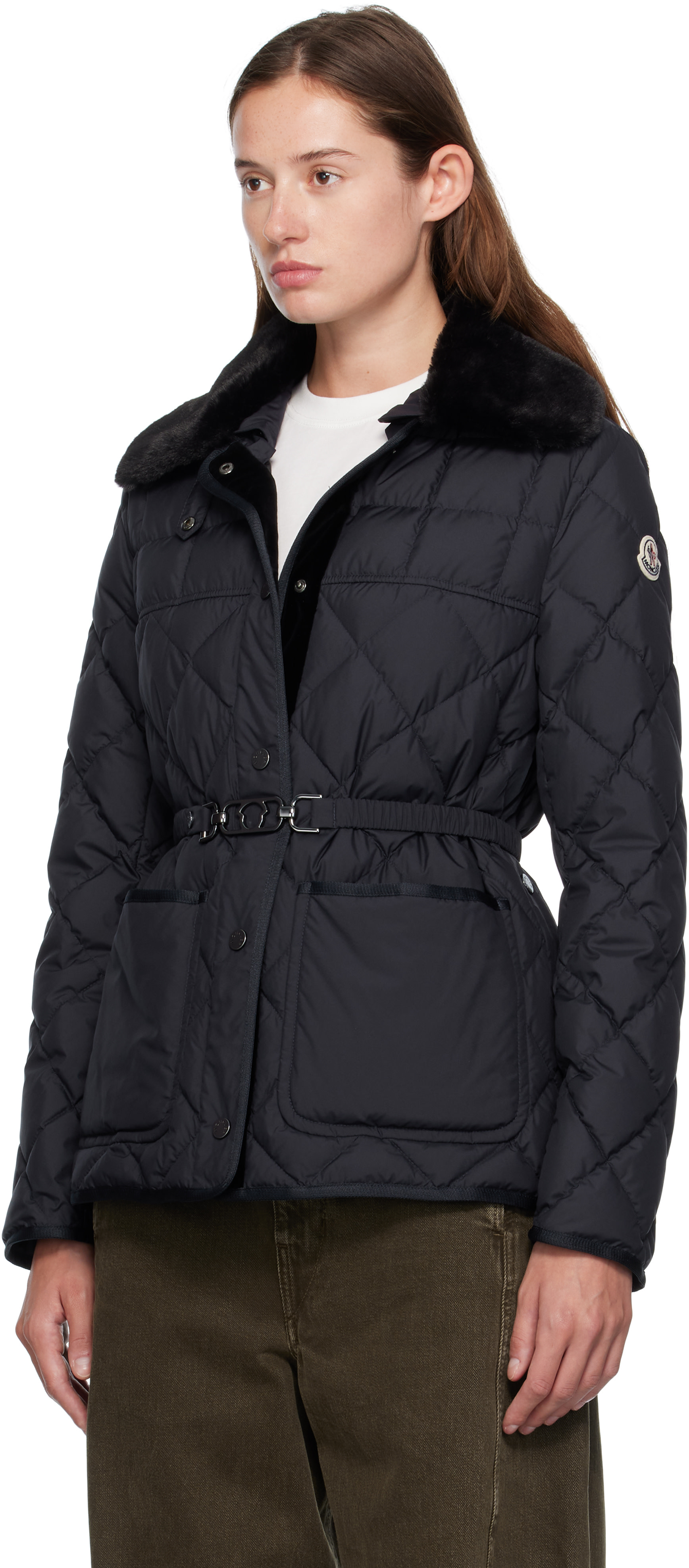 Moncler: ネイビー Cygne フェイクファートリム ショート ダウン