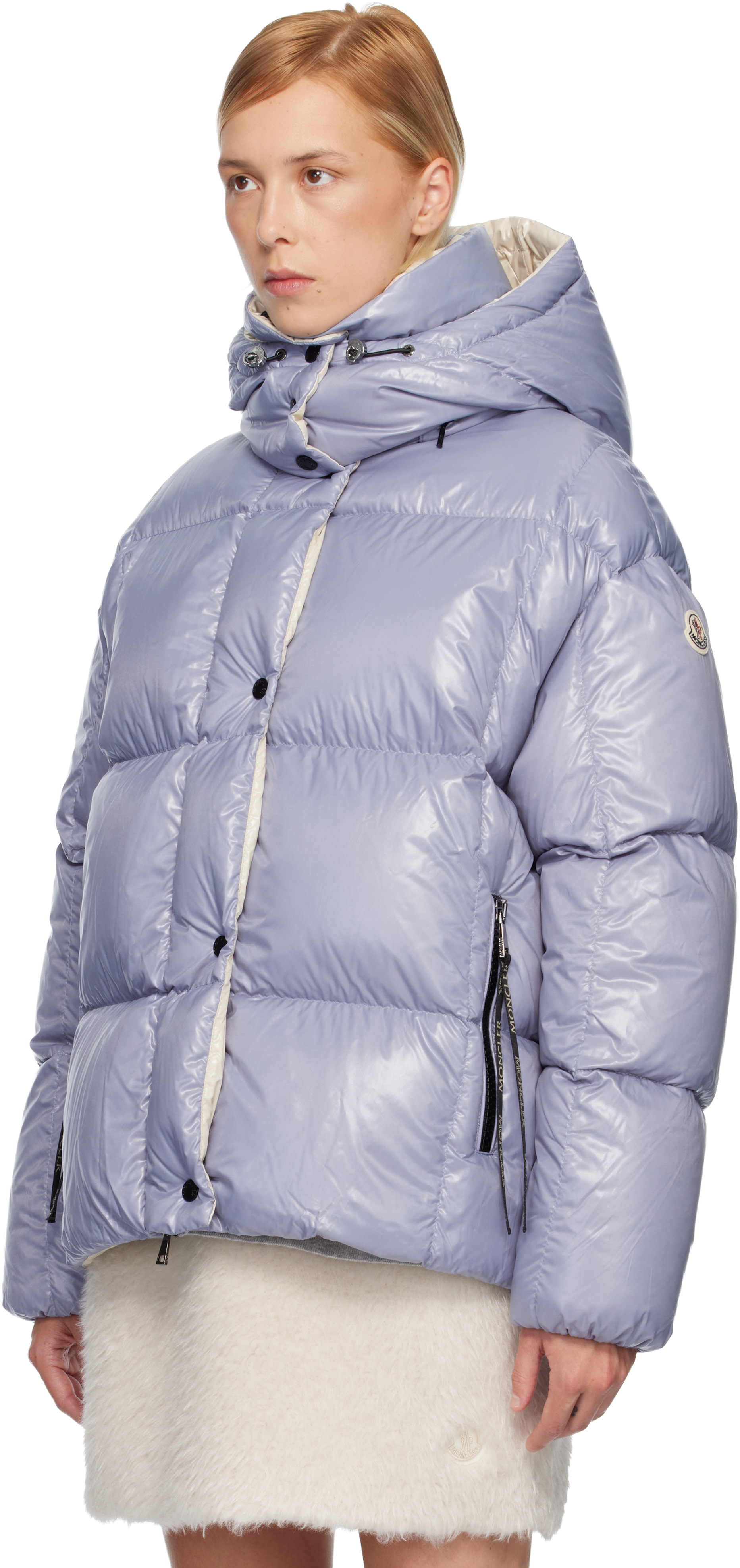 Moncler: Blue Parana Hooded Short Down Jacket | SSENSE