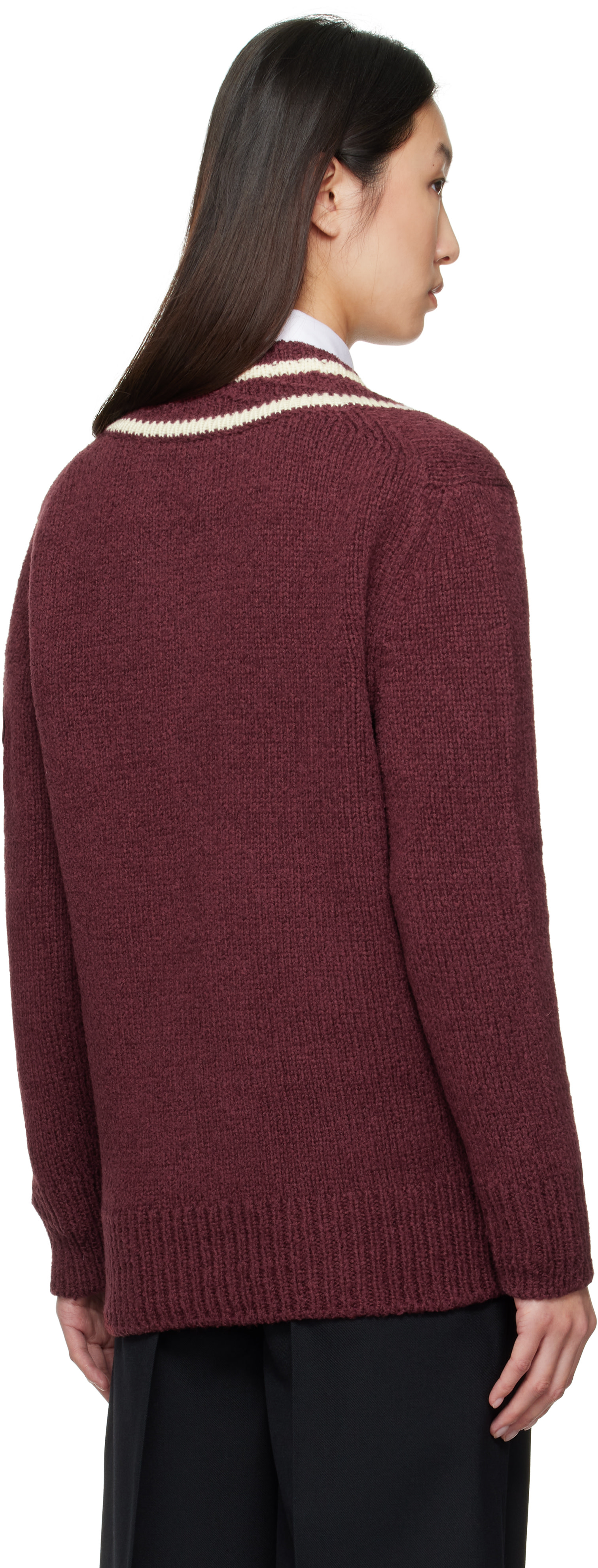 希少 美品 MONCLER ウール Vネック デザイン ニット カーディガン S Moncler: Burgundy Padded V-Neck Sweater | SSENSE