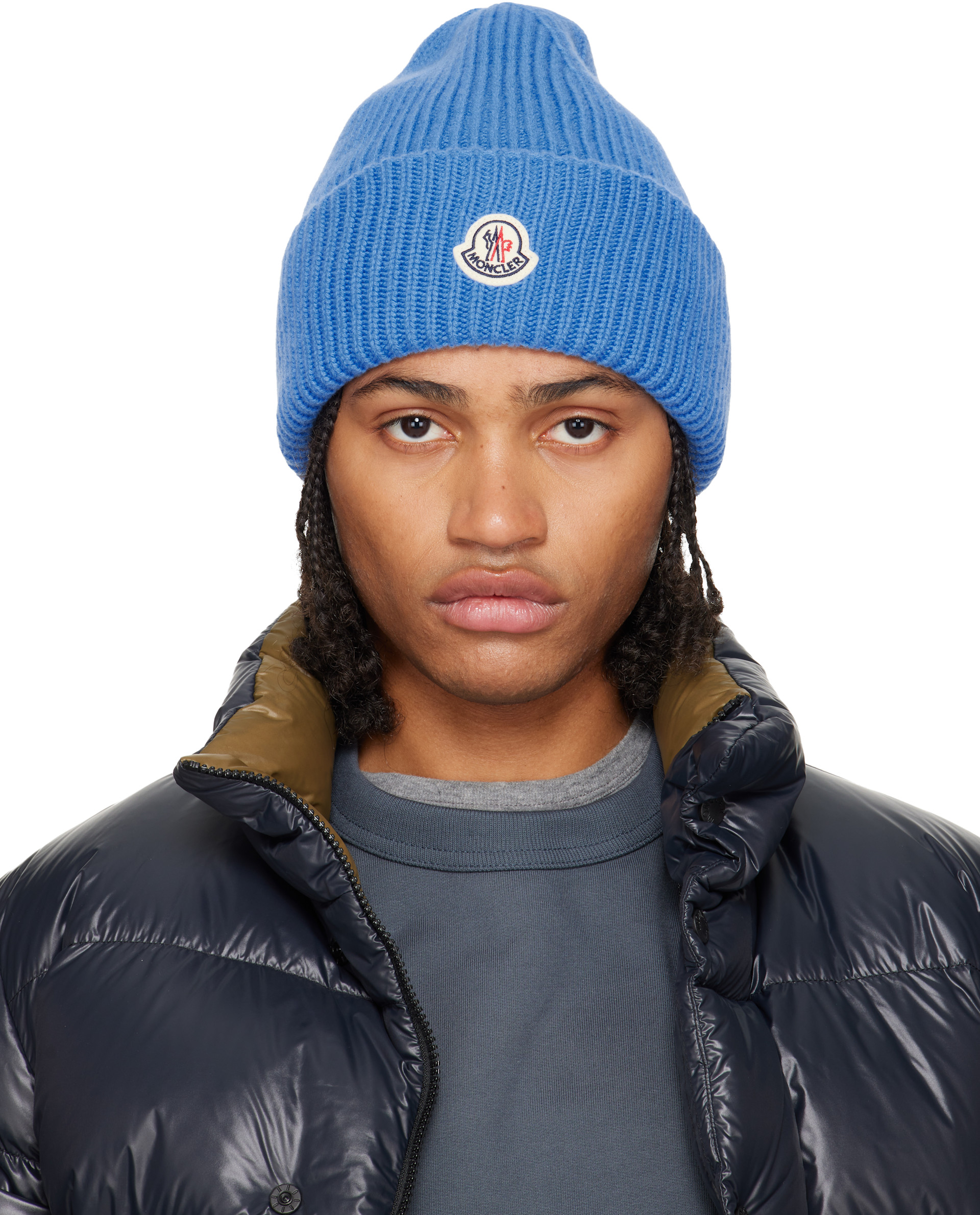 Moncler: Blue Wool & Cashmere Beanie | SSENSE