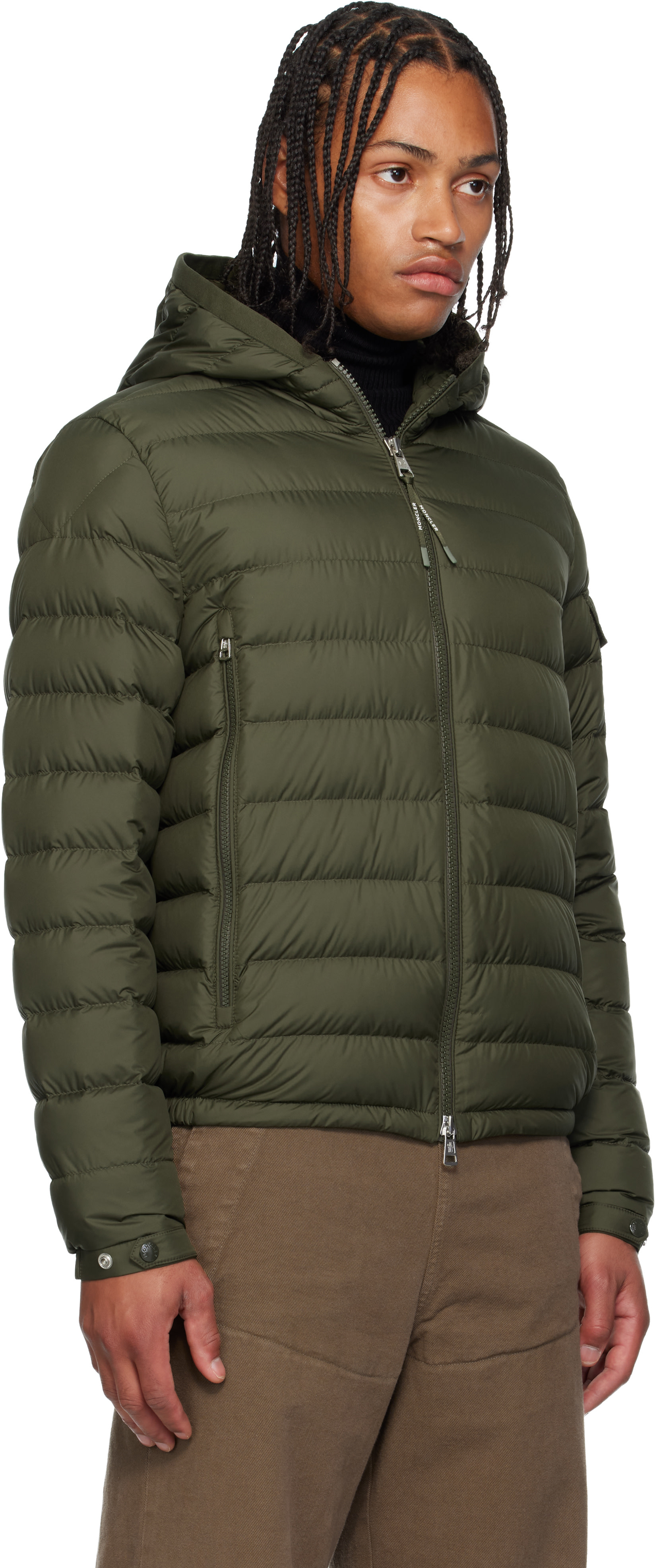 Moncler: カーキ Galion フード付き ショート ダウンジャケット