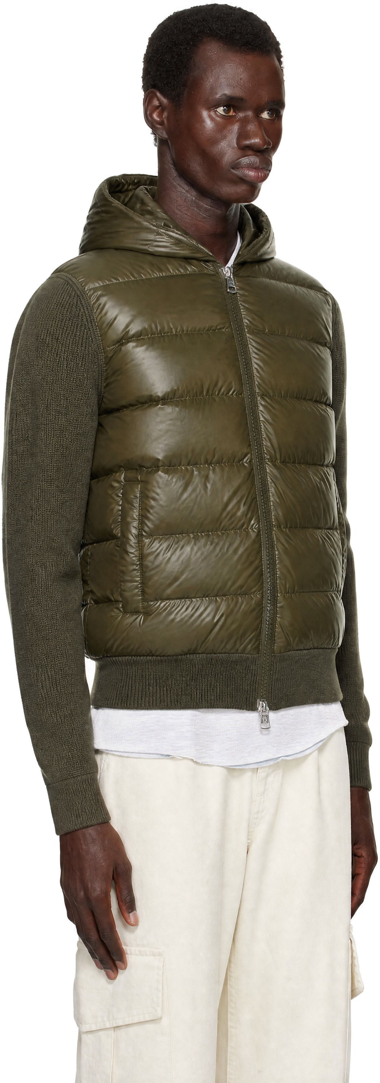 Moncler: Khaki Padded Wool Zip-Up Down Hoodie | SSENSE