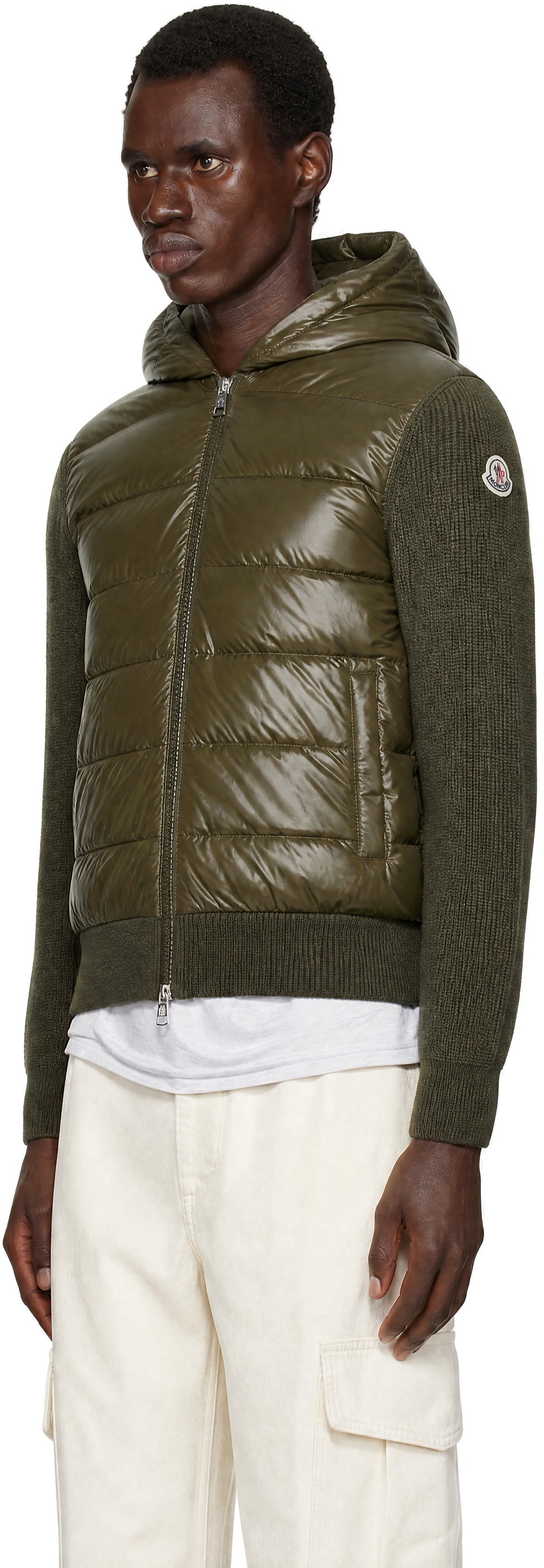 Moncler: Khaki Padded Wool Zip-Up Down Hoodie | SSENSE