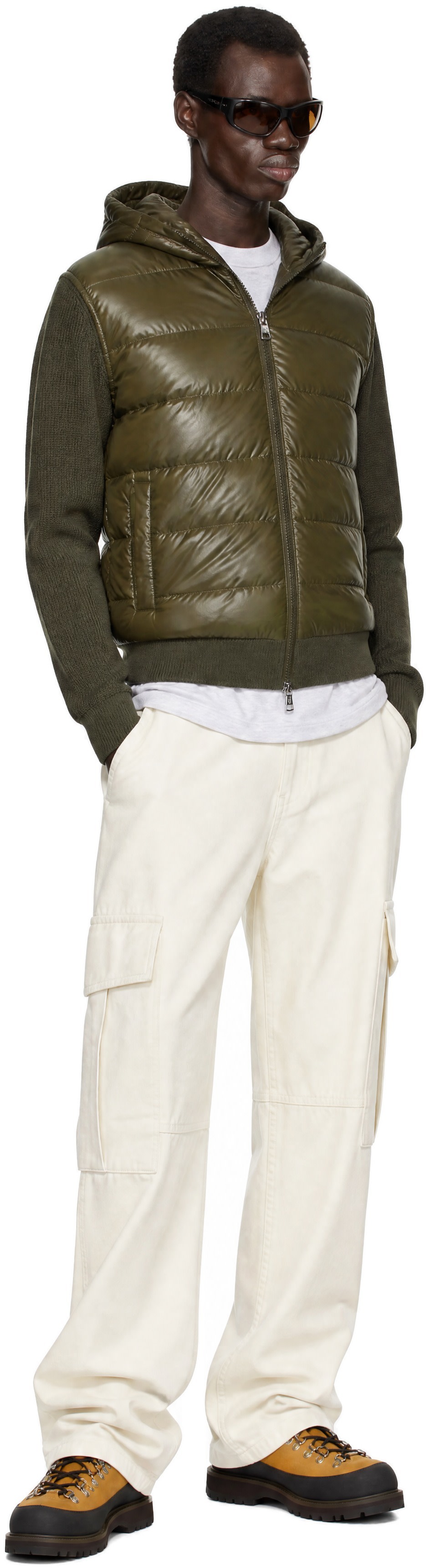 Moncler: Khaki Padded Wool Zip-Up Down Hoodie | SSENSE