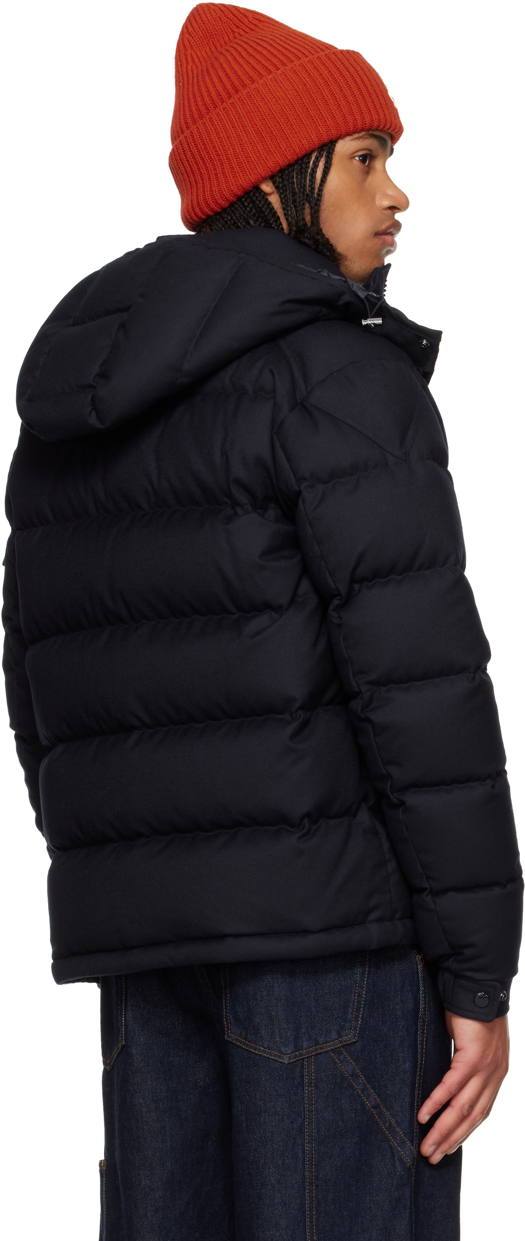 Moncler: Navy Montgenevre Hooded Wool Flannel Short Down Jacket