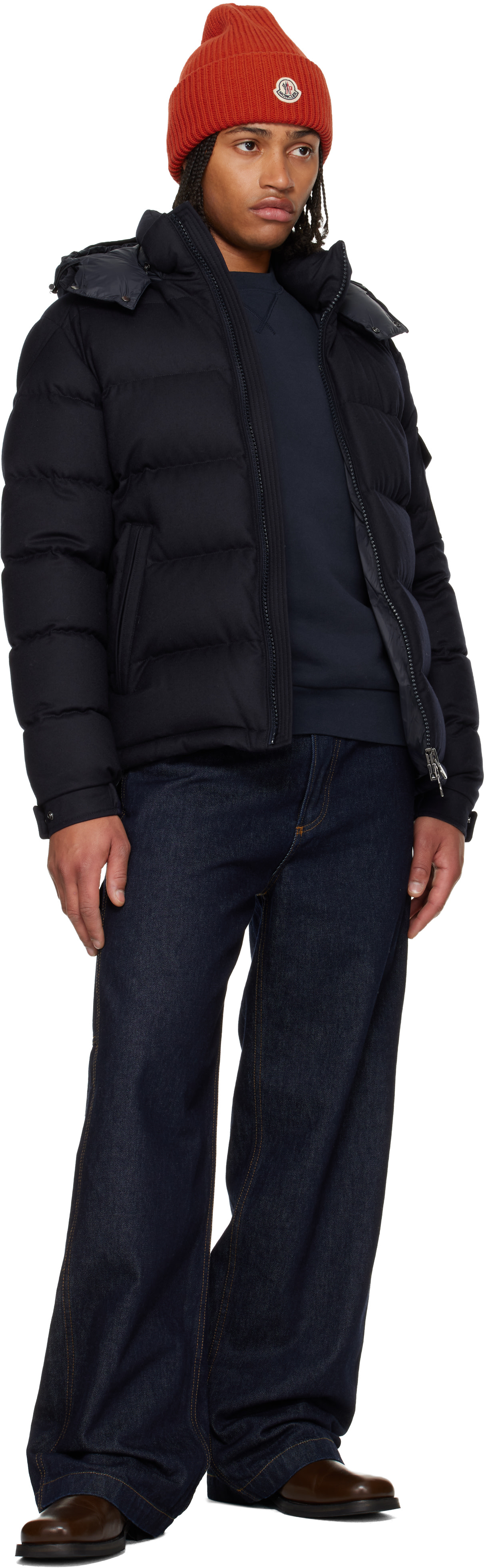 Moncler: Navy Montgenevre Hooded Wool Flannel Short Down Jacket