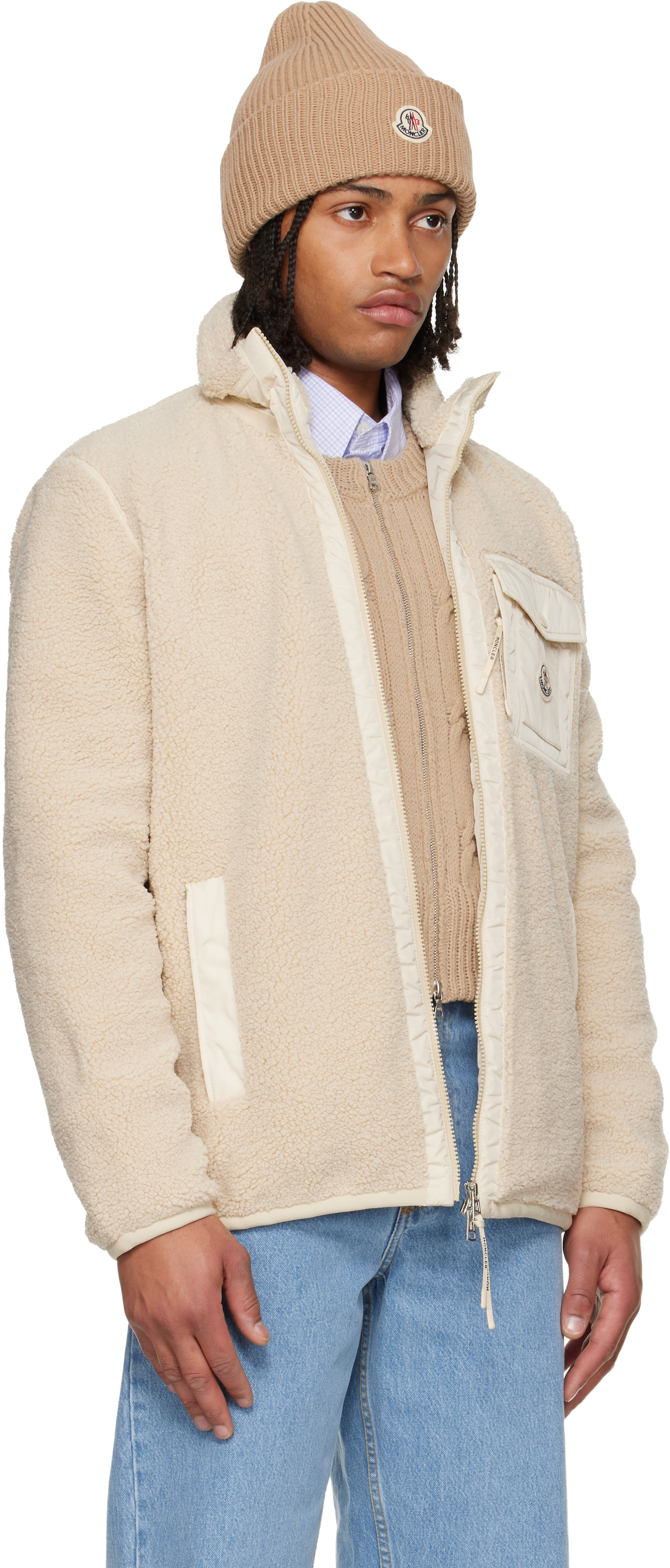 ＊MONCLER モンクレール＊PERLA ベージュ コントラストジャケット M Moncler: ベージュ Teddy ジップアップ ポケット ジャケット | SSENSE 日本