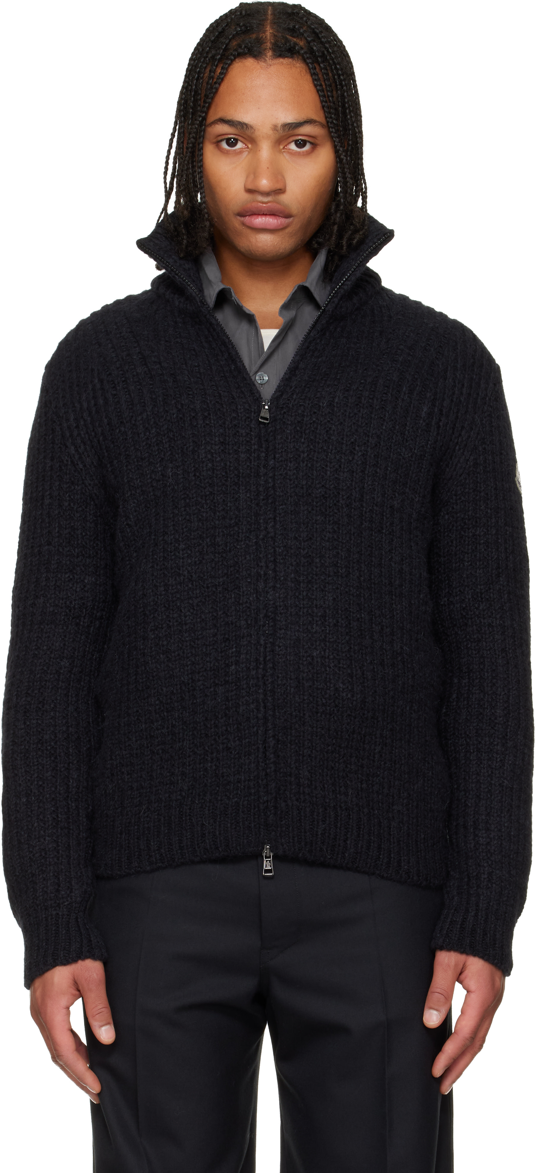 トップス MONCLER XS BLACK Moncler: Black Alpaca & Wool Zip-Up Cardigan | SSENSE Canada