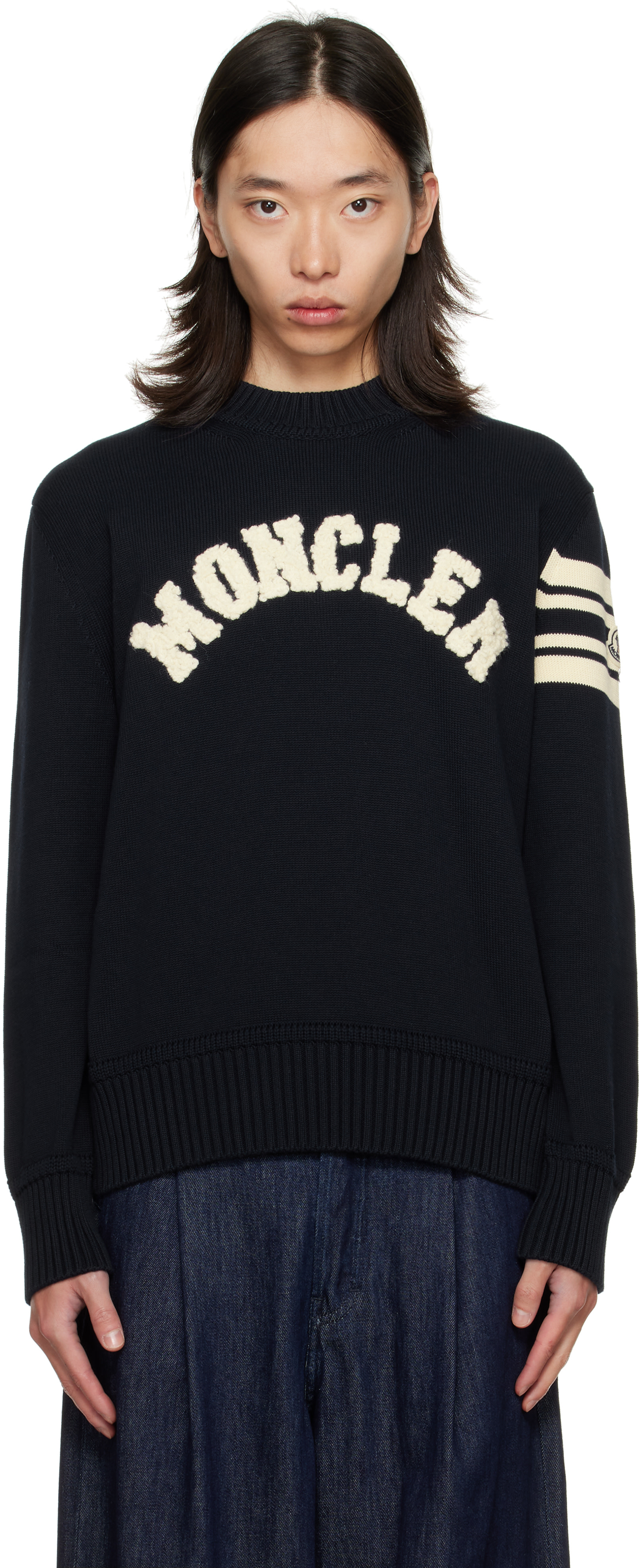 Moncler - Pull bleu marine à col ras du cou