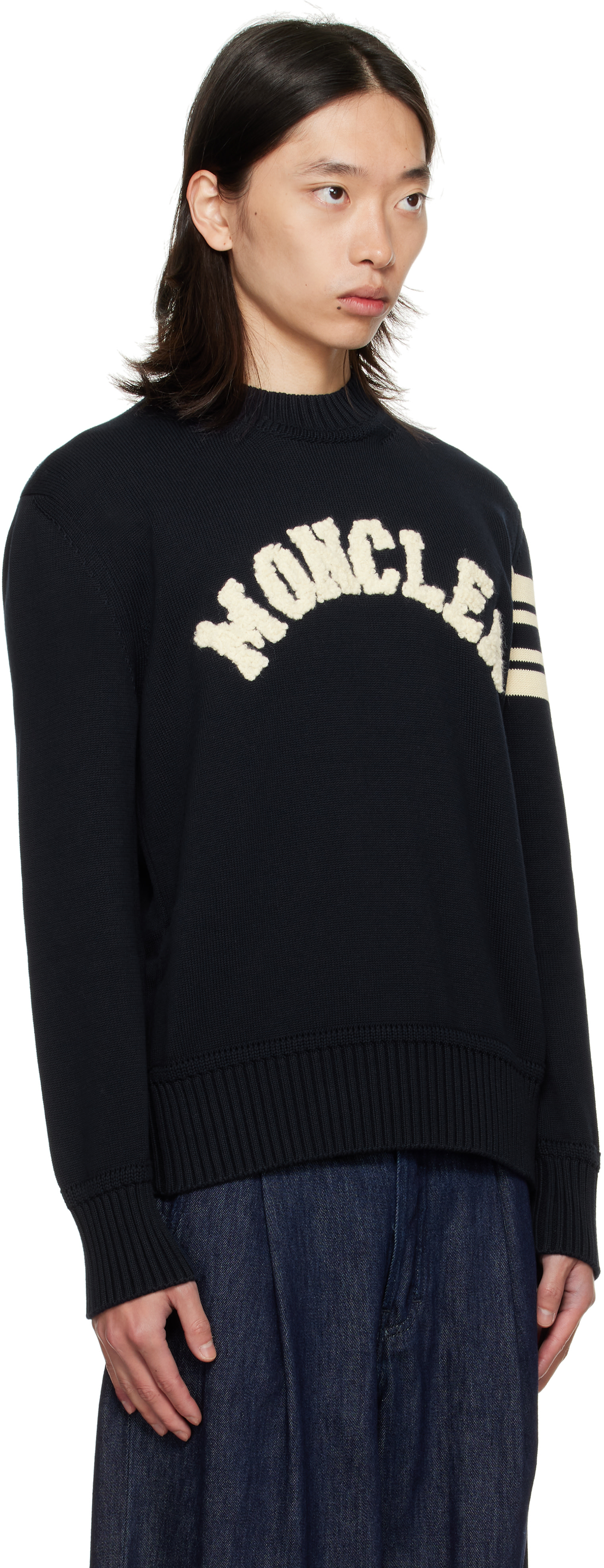 Moncler - Pull bleu marine à col ras du cou