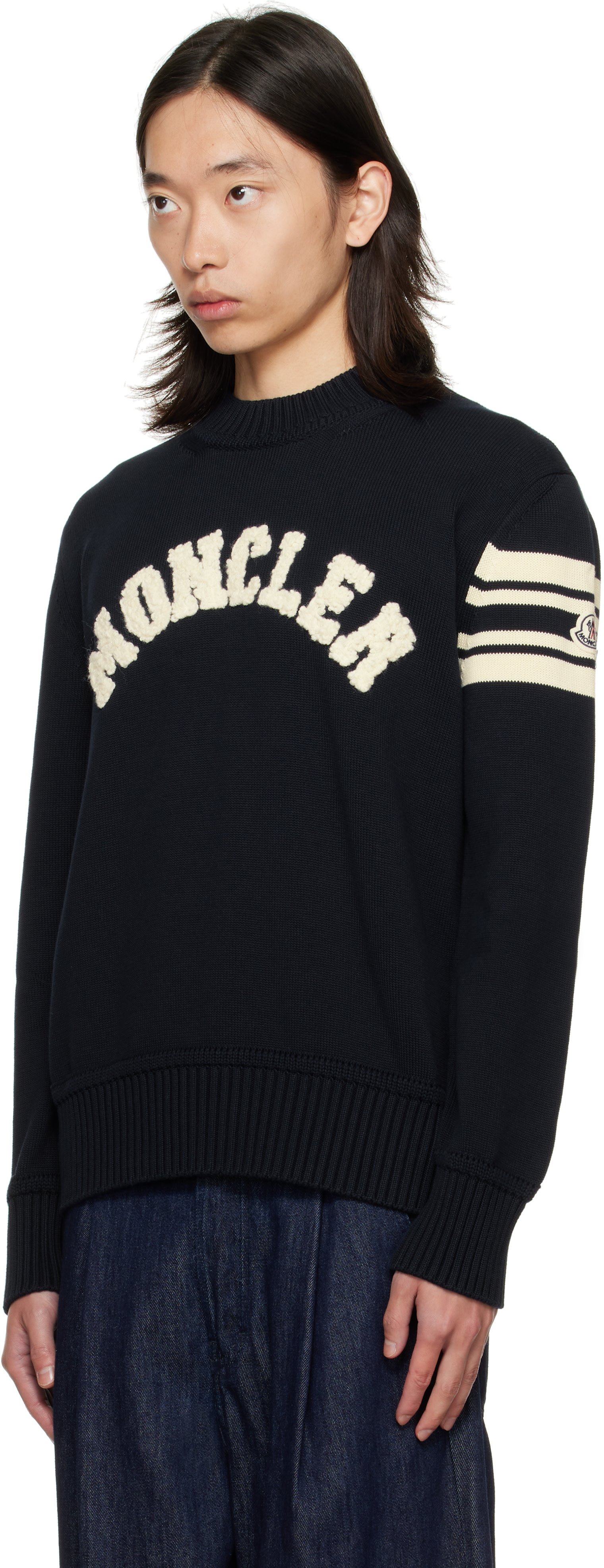 Moncler - Pull bleu marine à col ras du cou