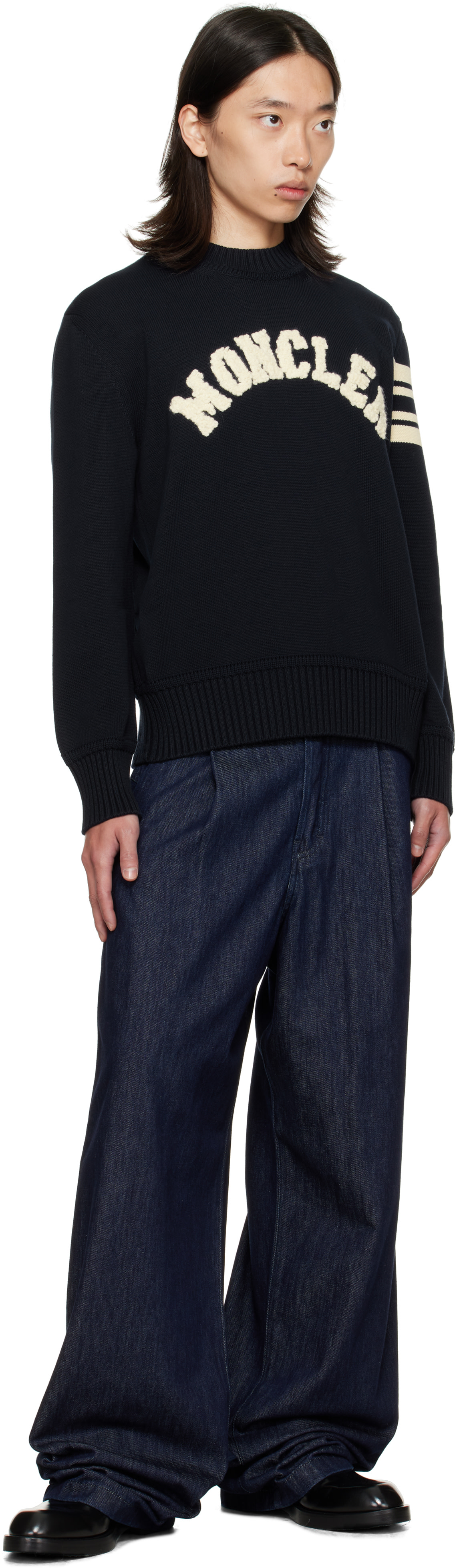 Moncler - Pull bleu marine à col ras du cou