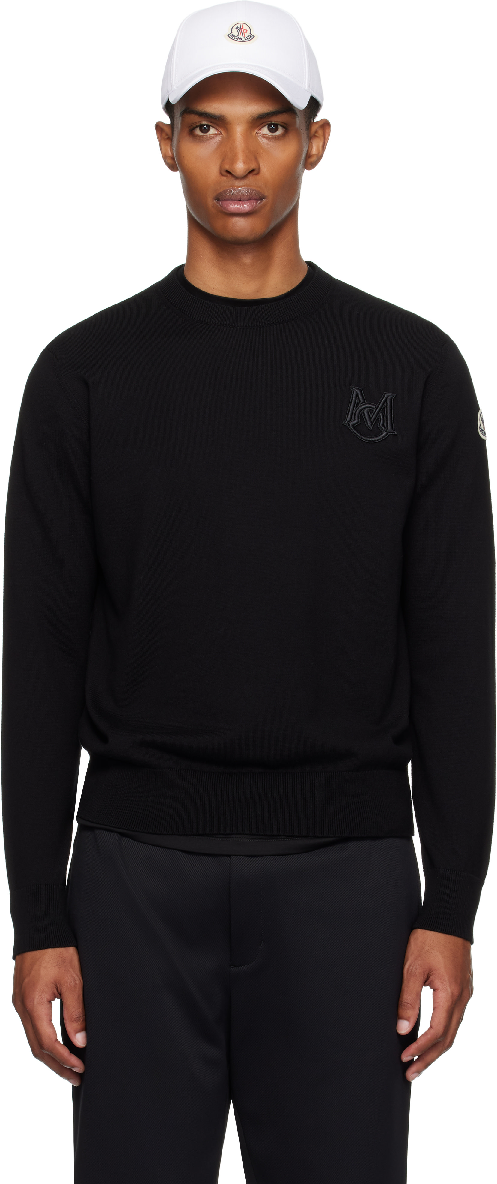 Moncler - Pull noir en coton à monogramme brodé