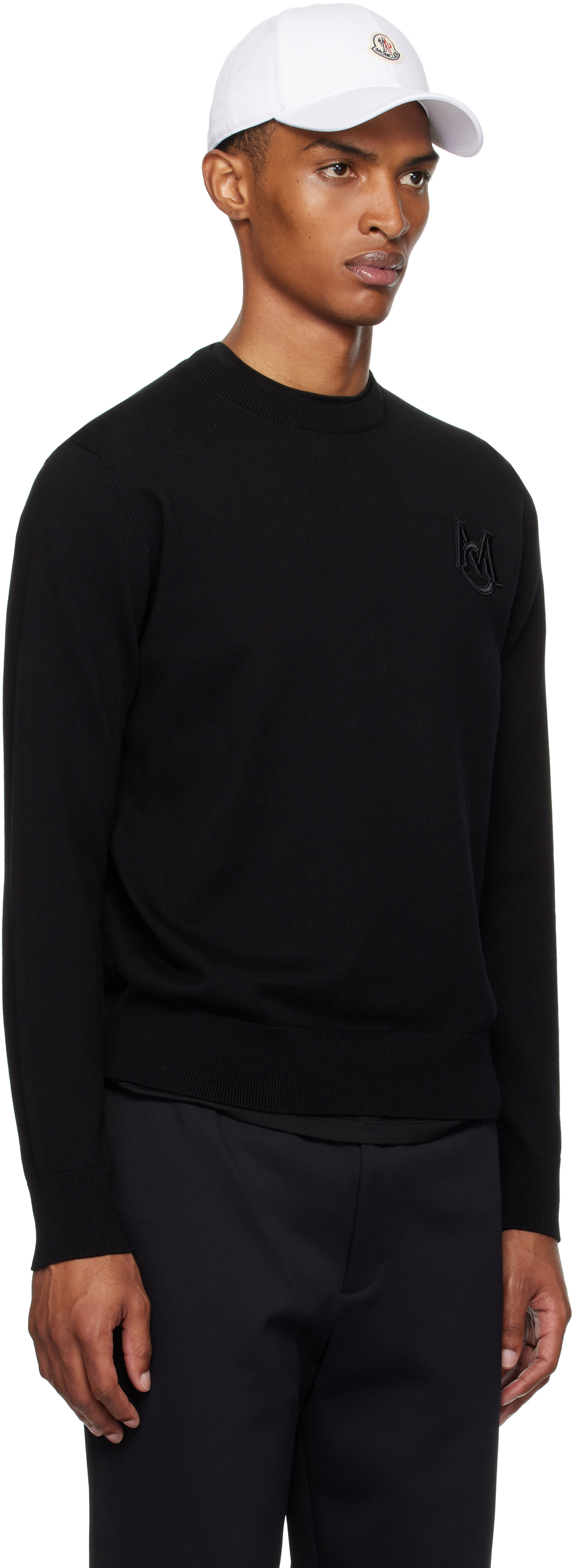 Moncler - Pull noir en coton à monogramme brodé