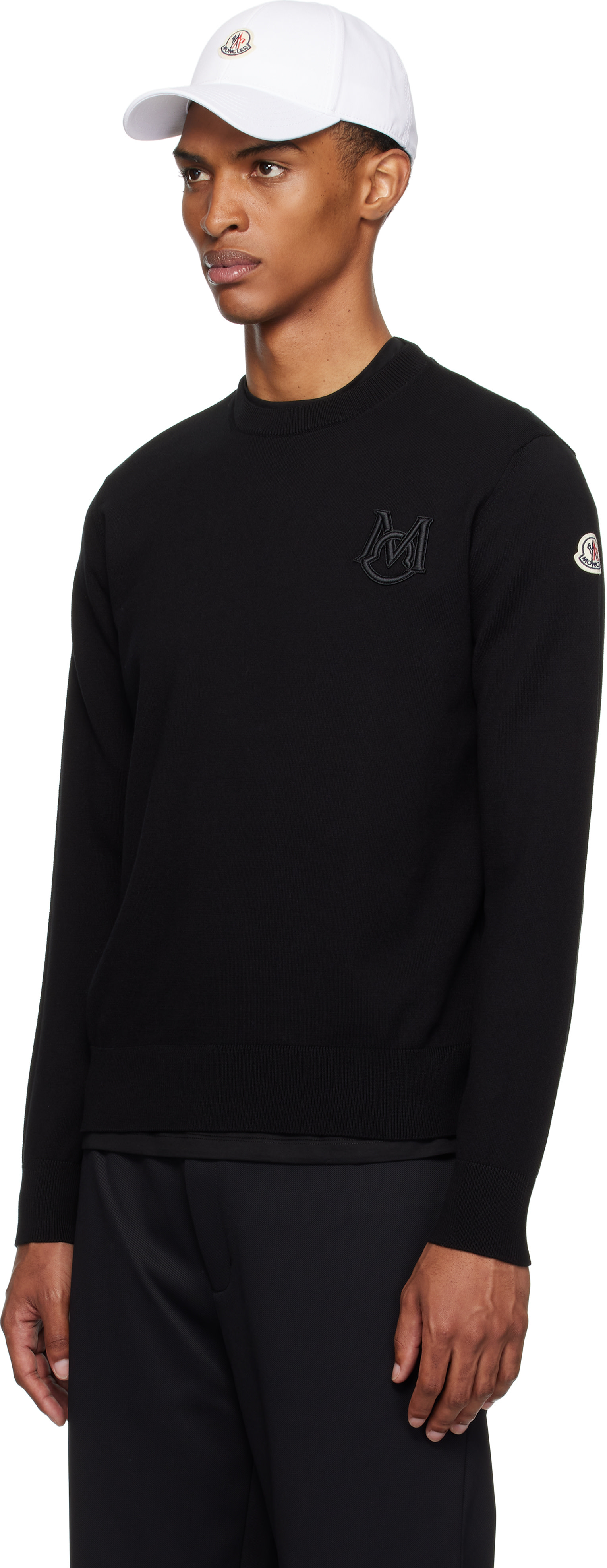 Moncler - Pull noir en coton à monogramme brodé