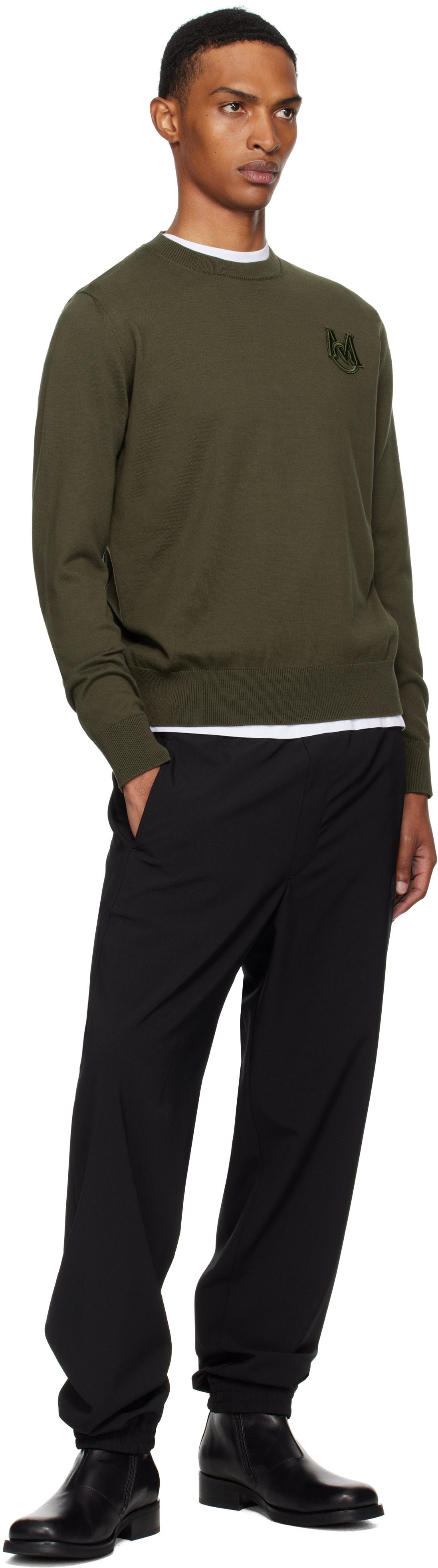 Moncler: Khaki Embroidered Monogram Cotton Sweater | SSENSE